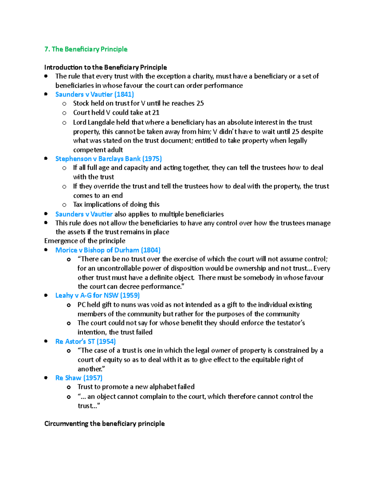 Law 301: Week 9 Notes on Beneficiary Principle and Trusts - Studocu