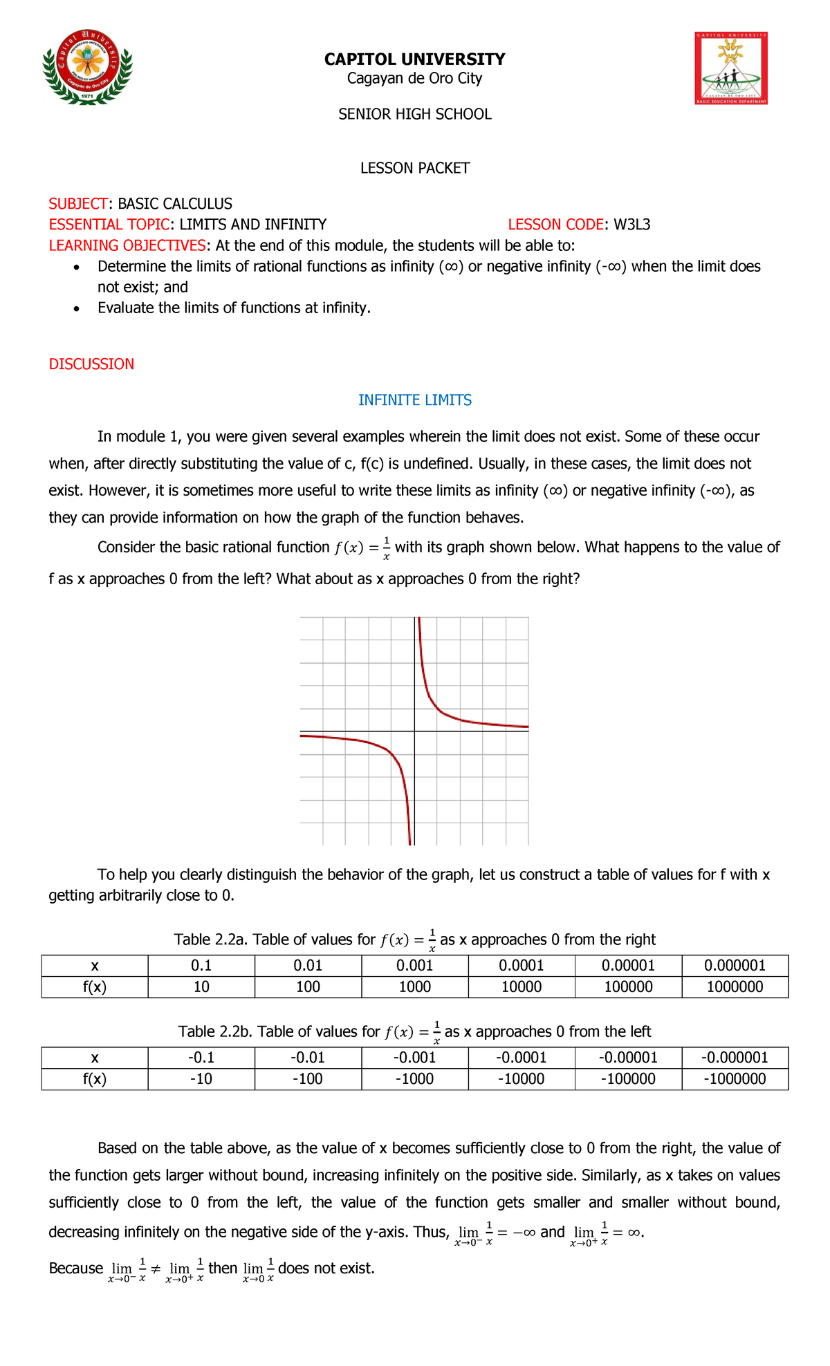 W3L3 - Lesson on Limits and Infinity in Basic Calculus - Studocu