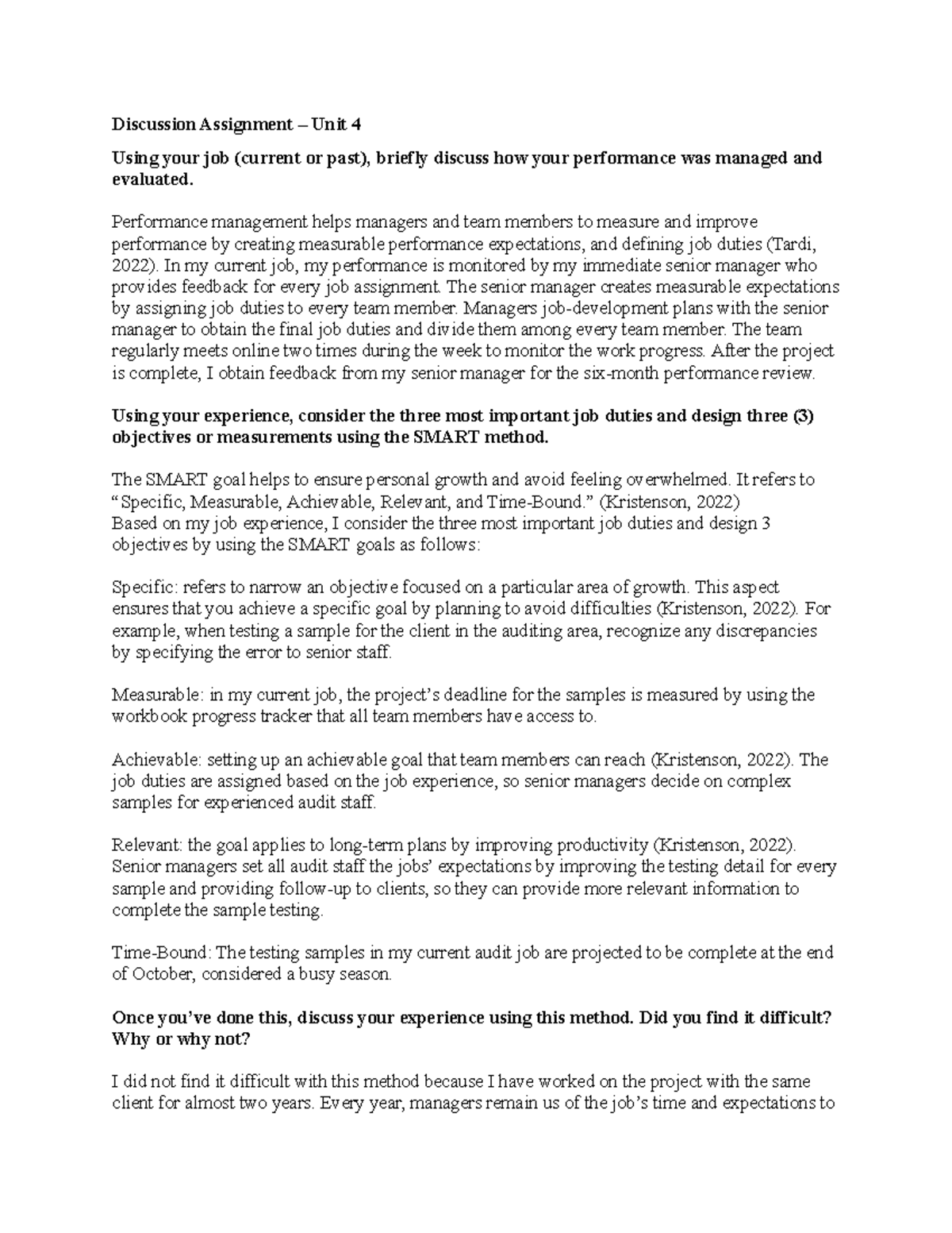 Discussion Assignment - Performance Management & SMART Goals (Unit 4 ...