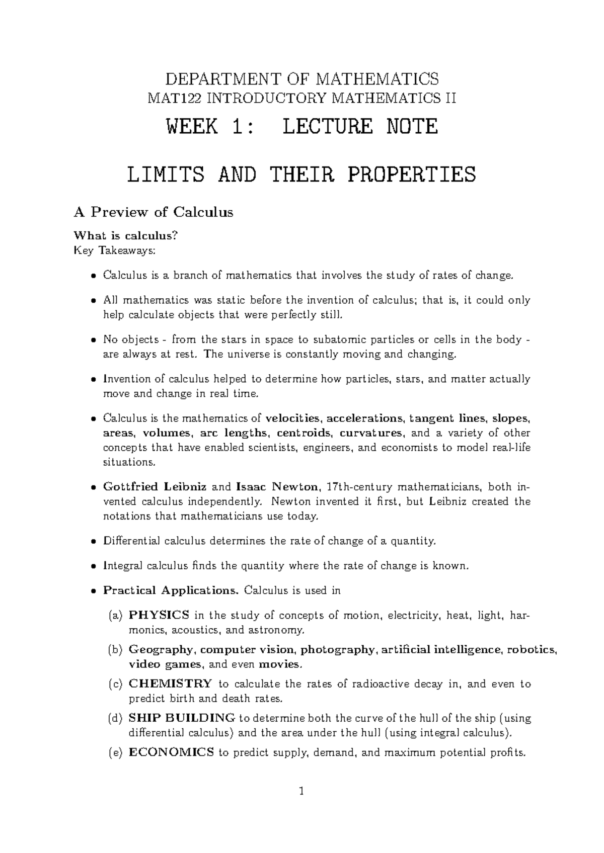 MAT122 Introductory Mathematics II - Week 1 Lecture Notes on Limits ...