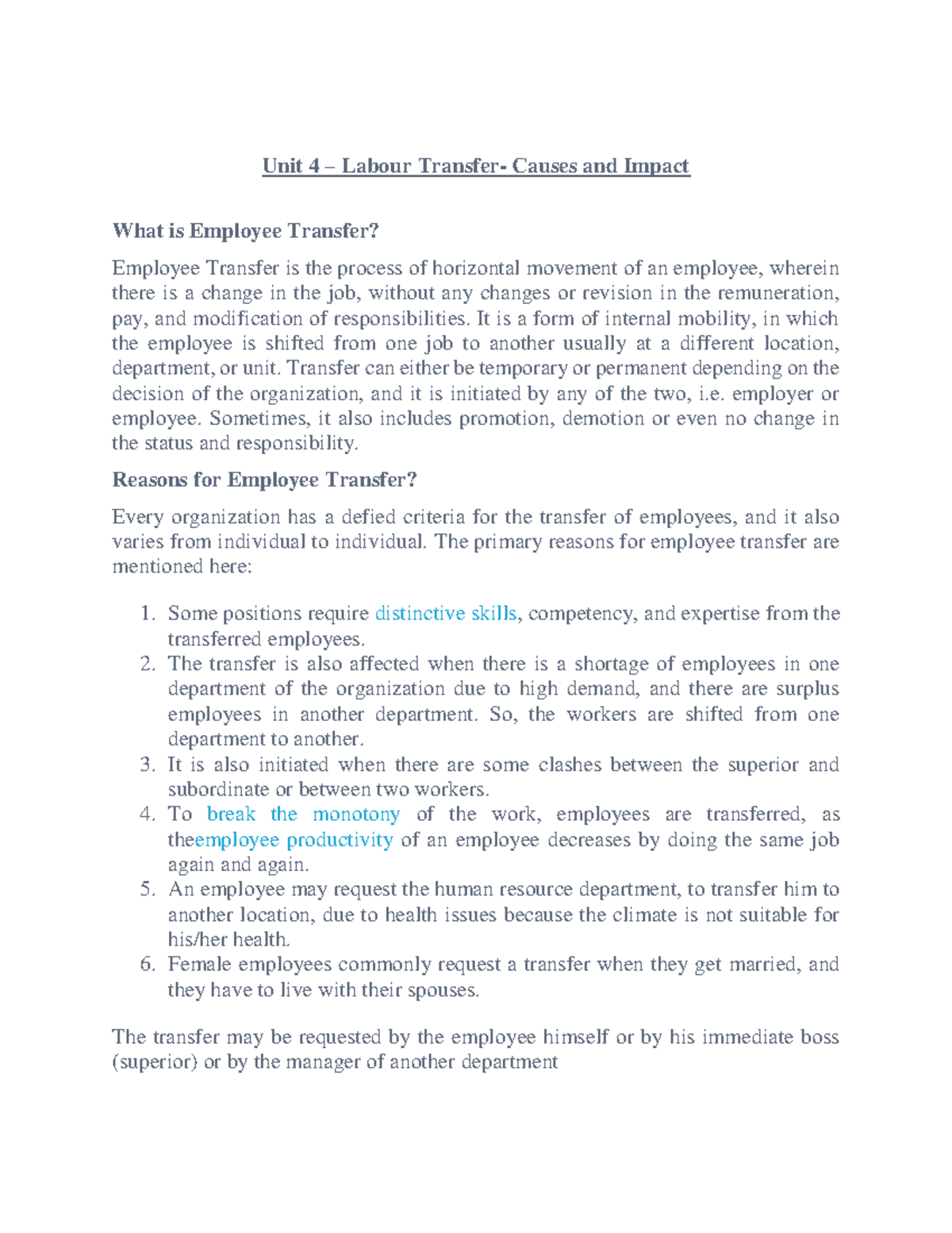 Labour Transfer Insights: Causes, Types, and Impacts (Unit 4) - Studocu