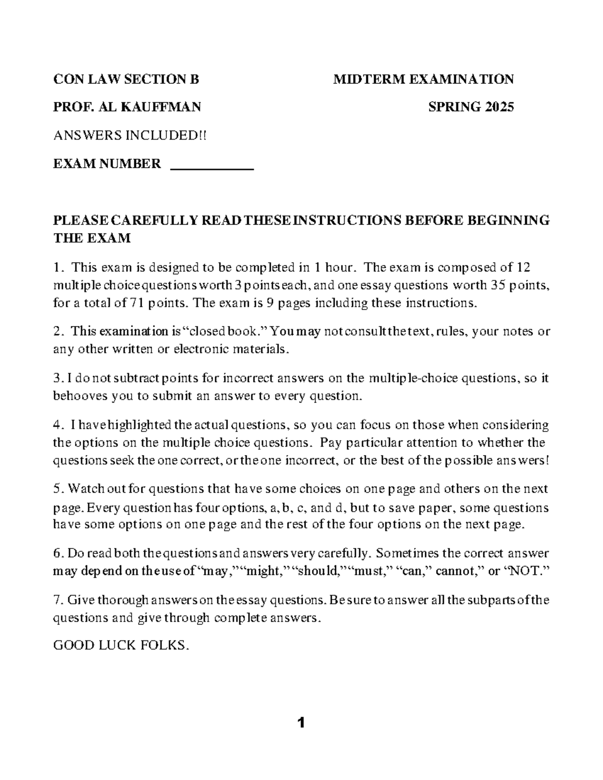 CON LAW SECTION B MIDTERM EXAM 2025: ANSWERS & INSTRUCTIONS - Studocu