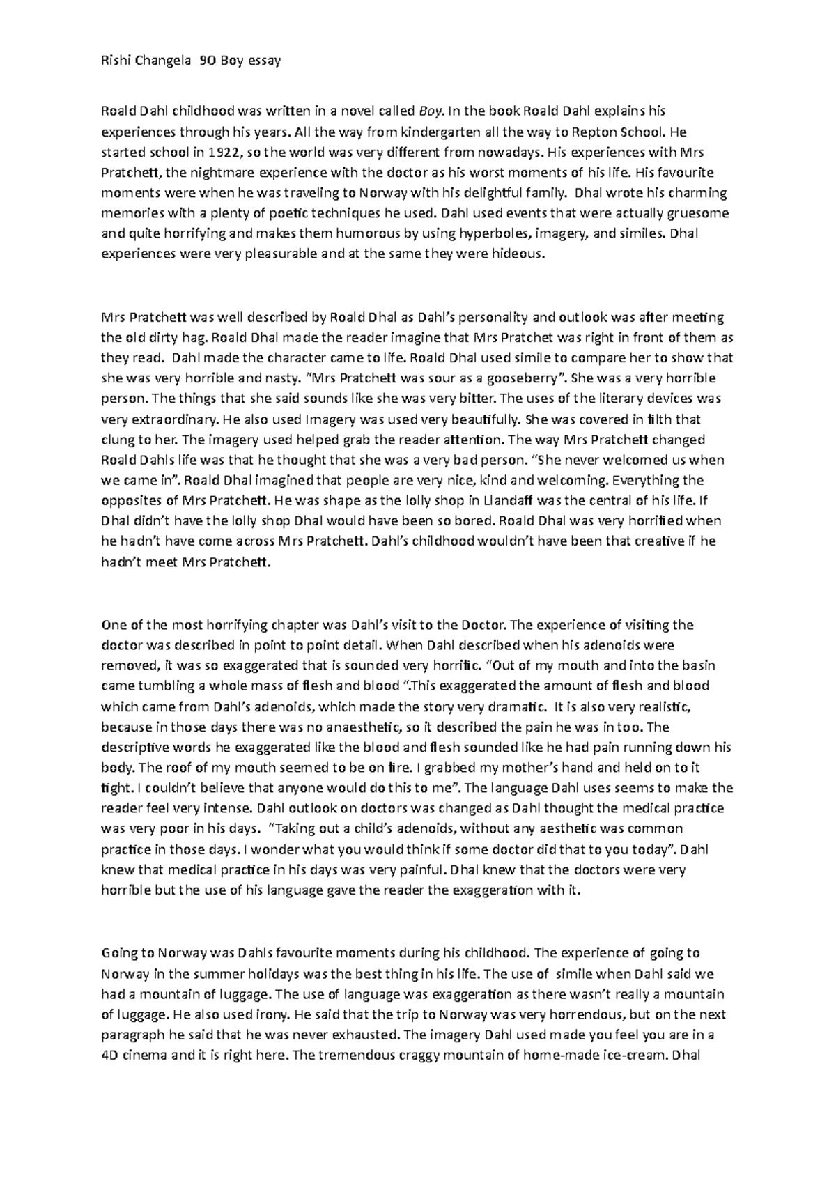 Analysis of Roald Dahl's Early Life in 'Boy' - Rishi Changela 9O Essay ...