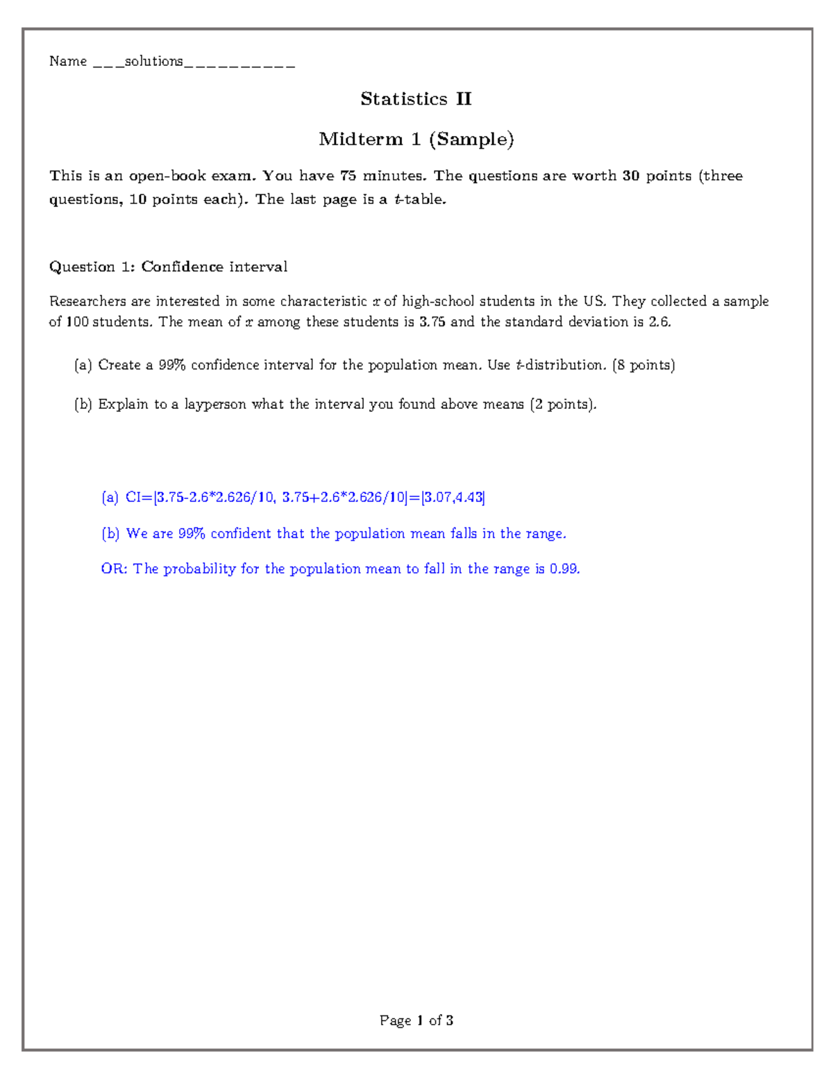 Statistics II Midterm 1 Sample Solutions and Explanations - Studocu