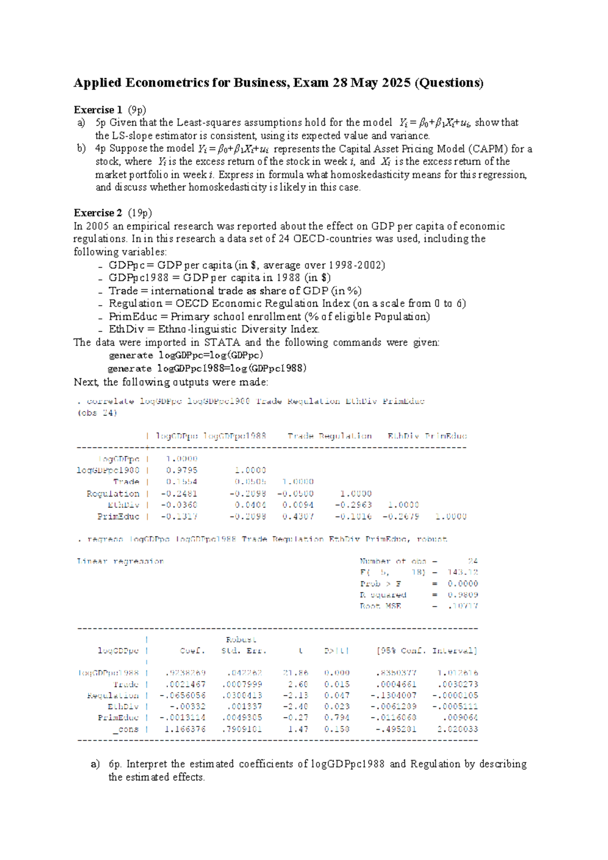 Applied Econometrics for Business, Exam 6013B0519Y - May 28, 2025 ...