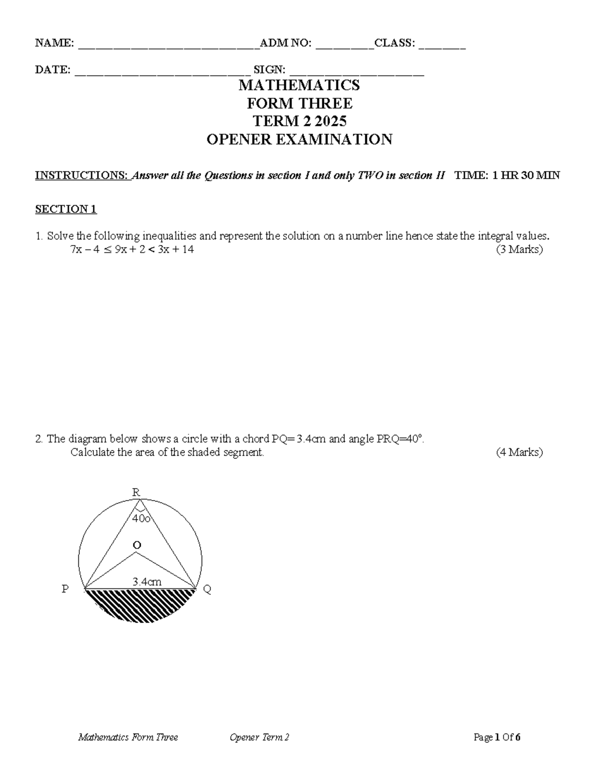 2025 Mathematics F3 Term 2 Opener Exam Questions and Solutions - Studocu