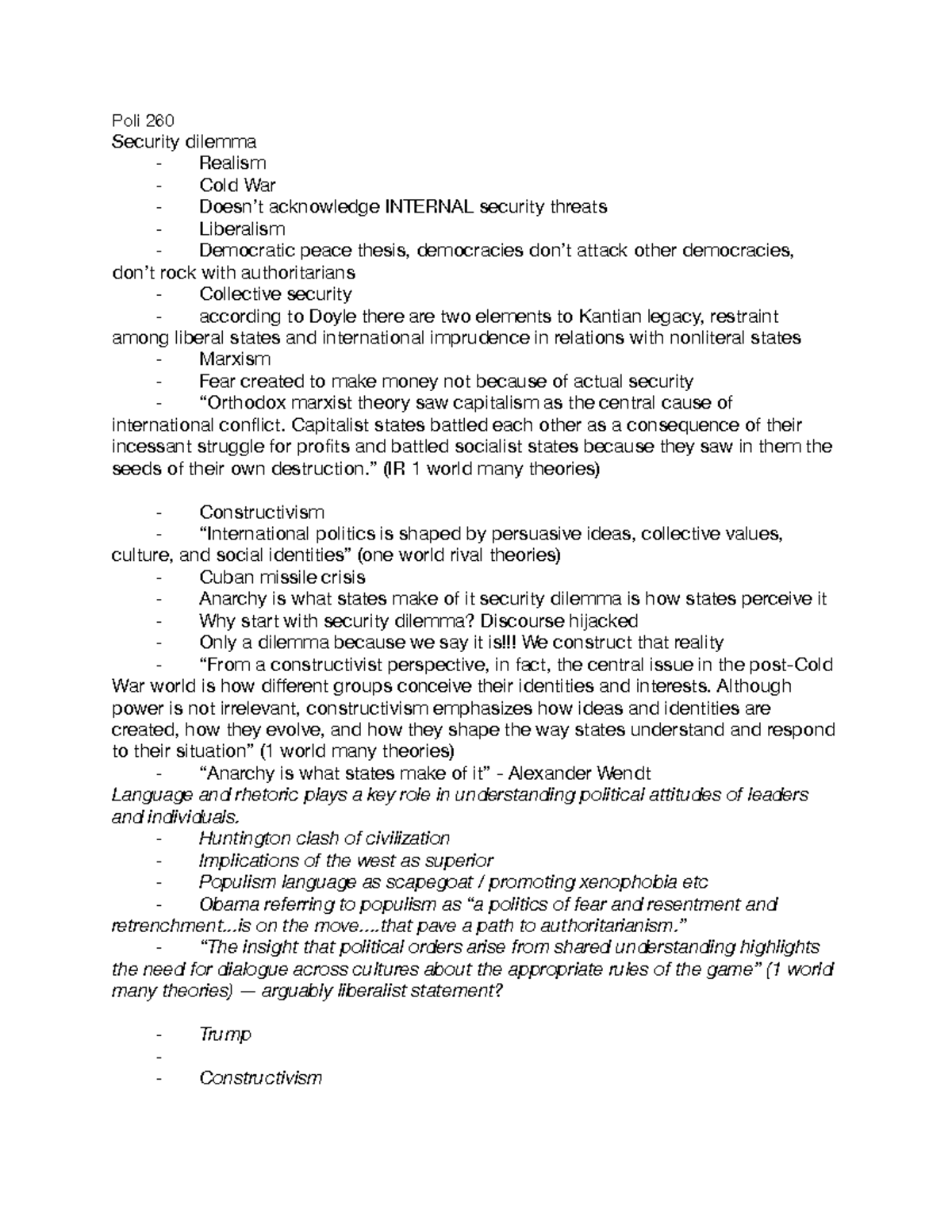 260 Notes - Poli 260 Security dilemma ⁃ Realism ⁃ Cold War ⁃ Doesn’t ...