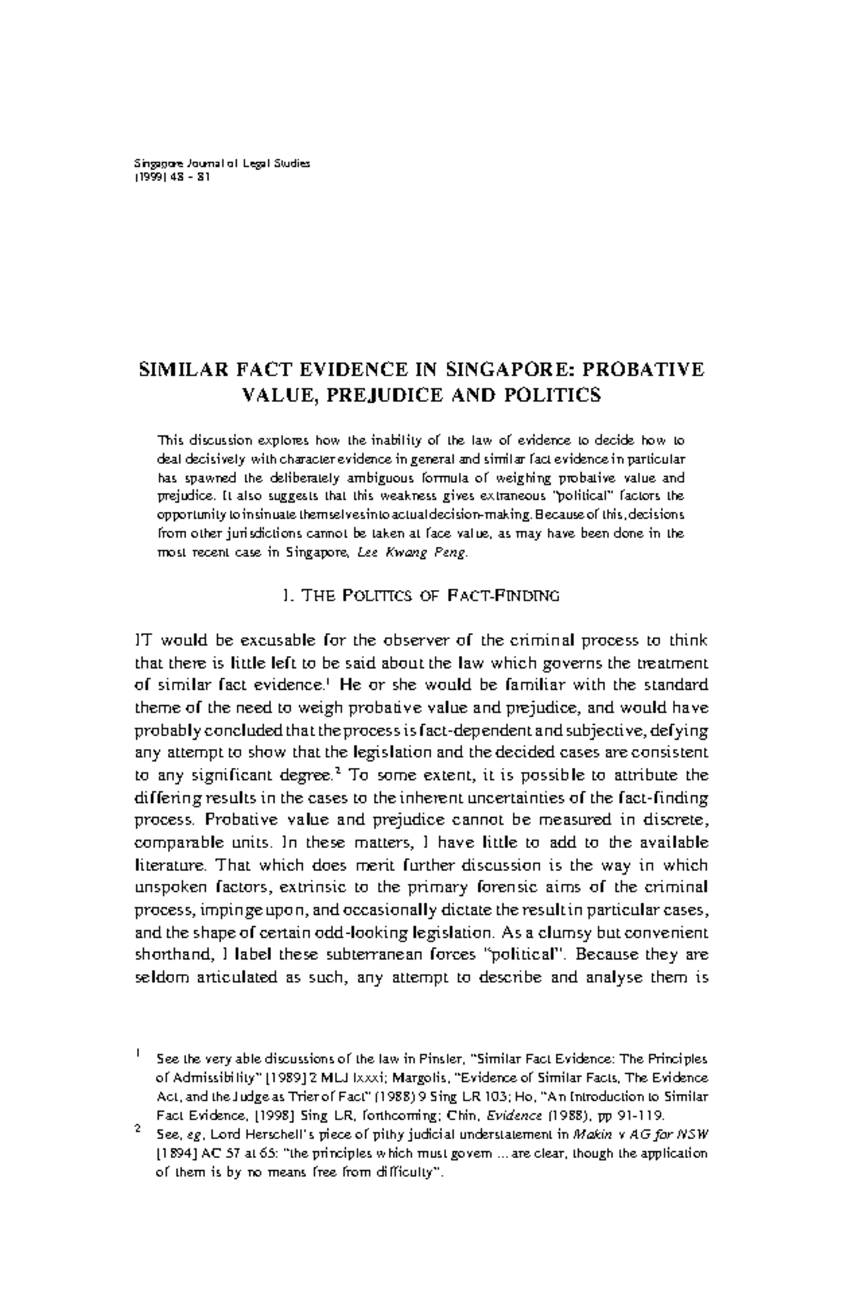 1999 - Similar Fact Evidence in Singapore: Probative Value & Politics ...
