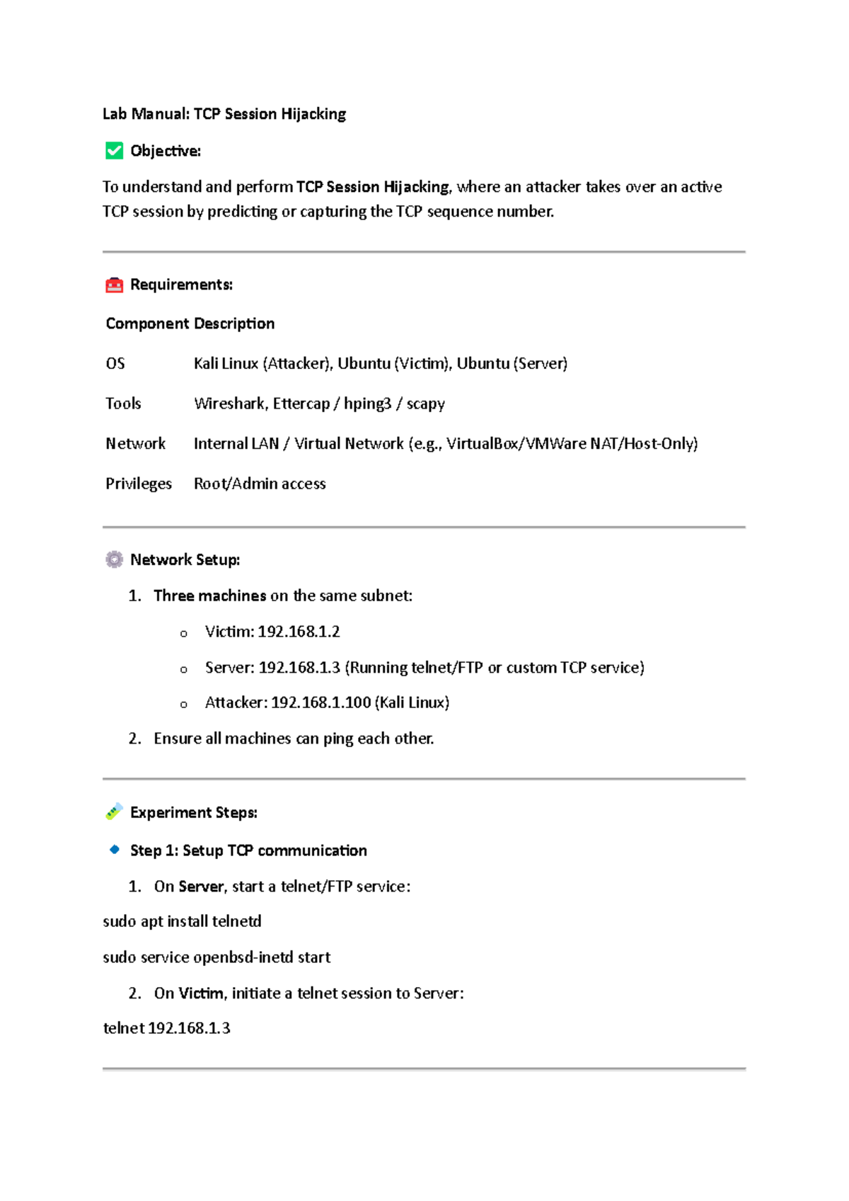 Lab Manual: TCP Session Hijacking (CS101) - Step-by-Step Guide - Studocu
