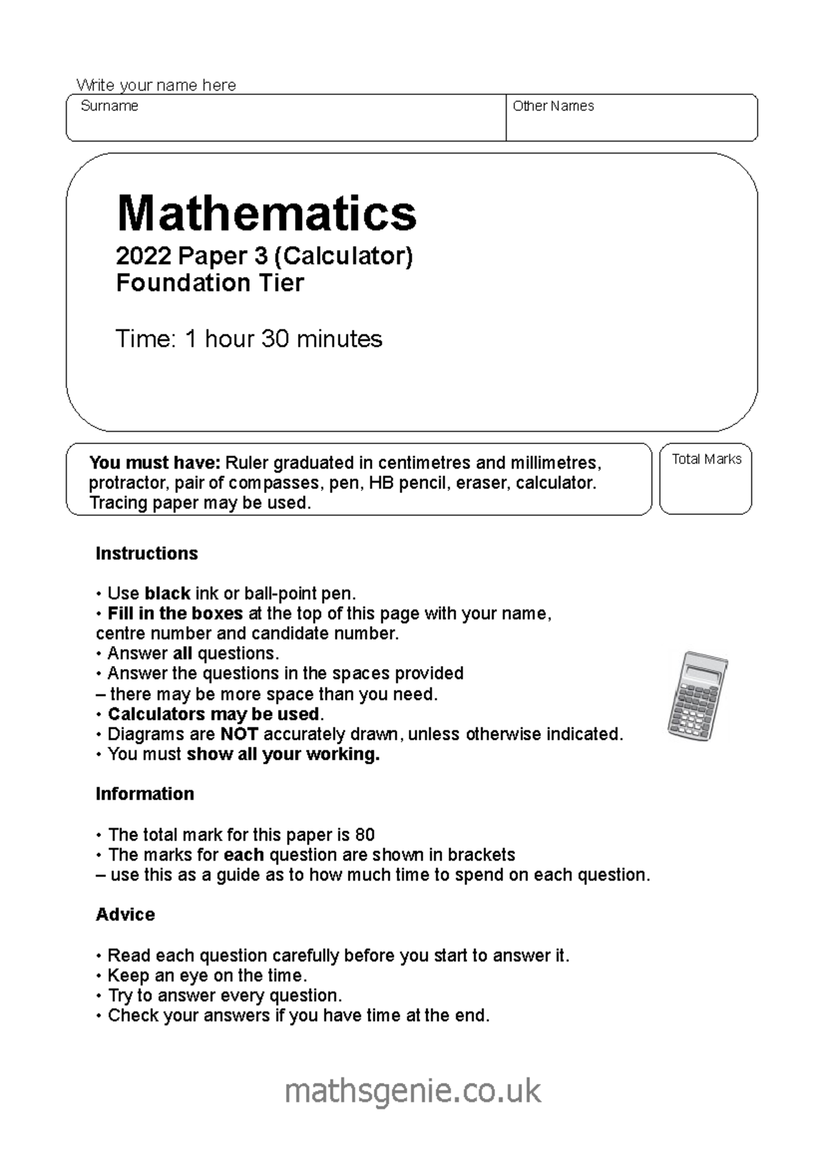 2022 PP3 Math Past Paper - Foundation Tier Exam Guide - Studocu