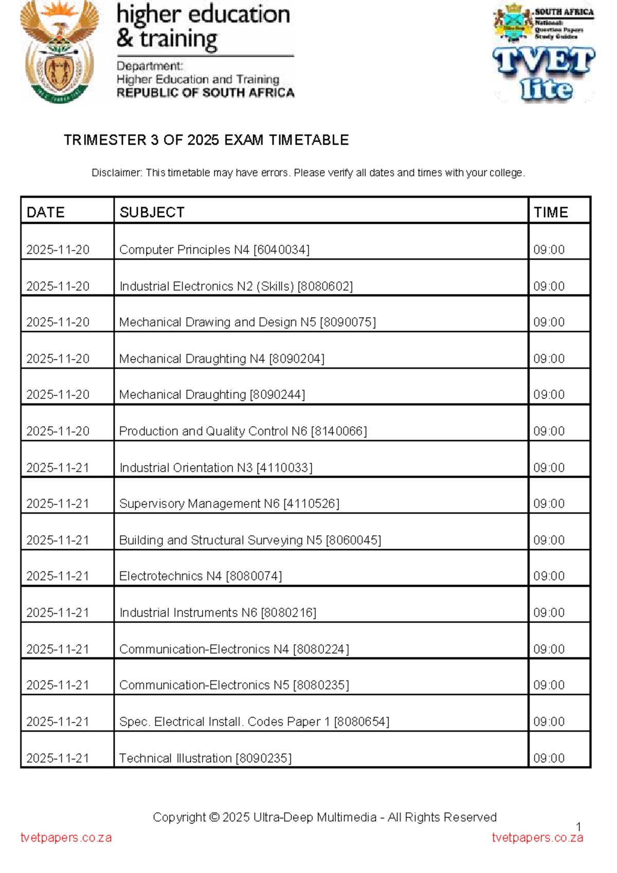 Engineering Studies 2025 November Exam Timetable - Studocu