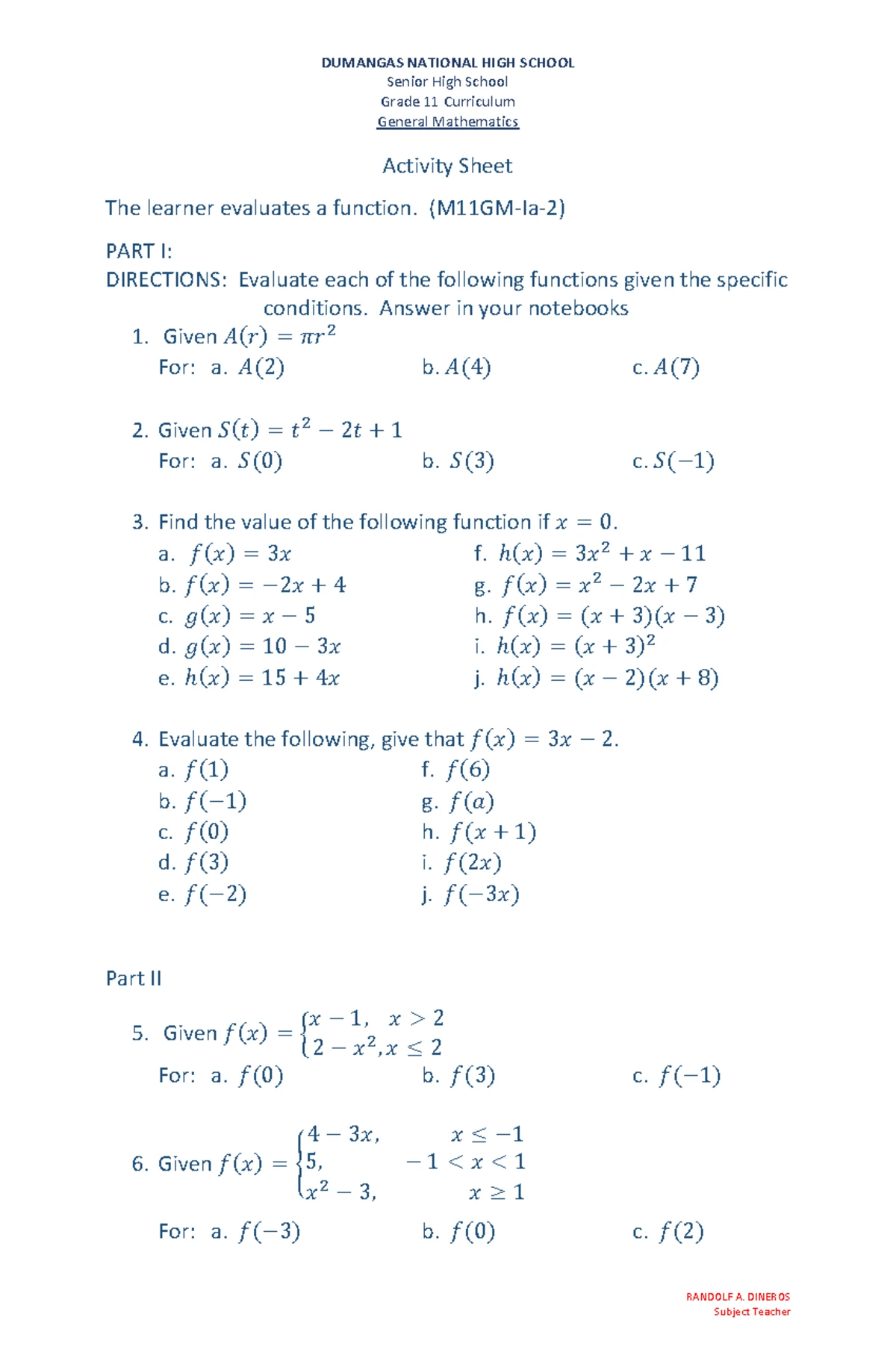 Activity Sheet-Operations on Functions(More Problems) - DUMANGAS ...