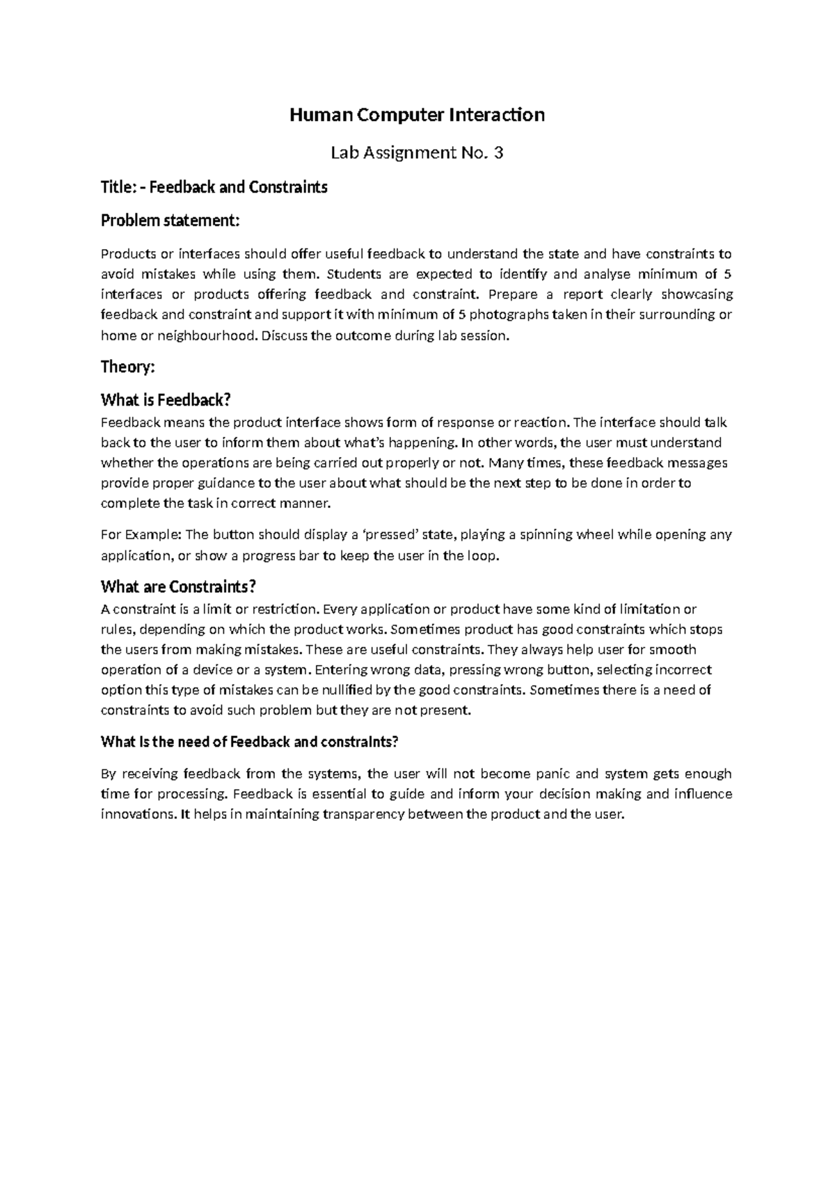 HCI - Human Computer Interaction Lab Assignment No. 3 Title: - Feedback ...