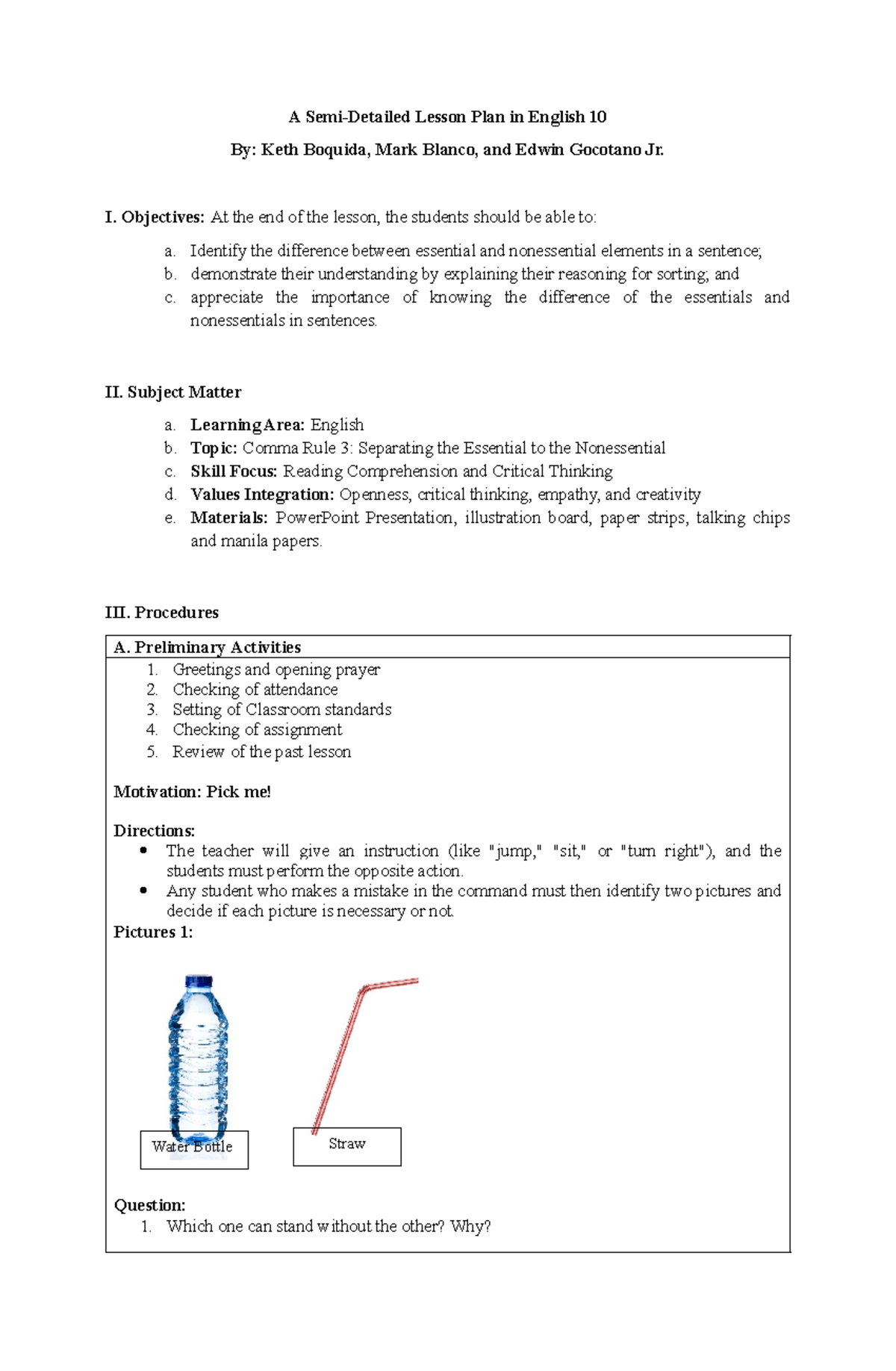 Semi-Detailed Lesson Plan for English 10: Comma Rule 3 Essentials - Studocu