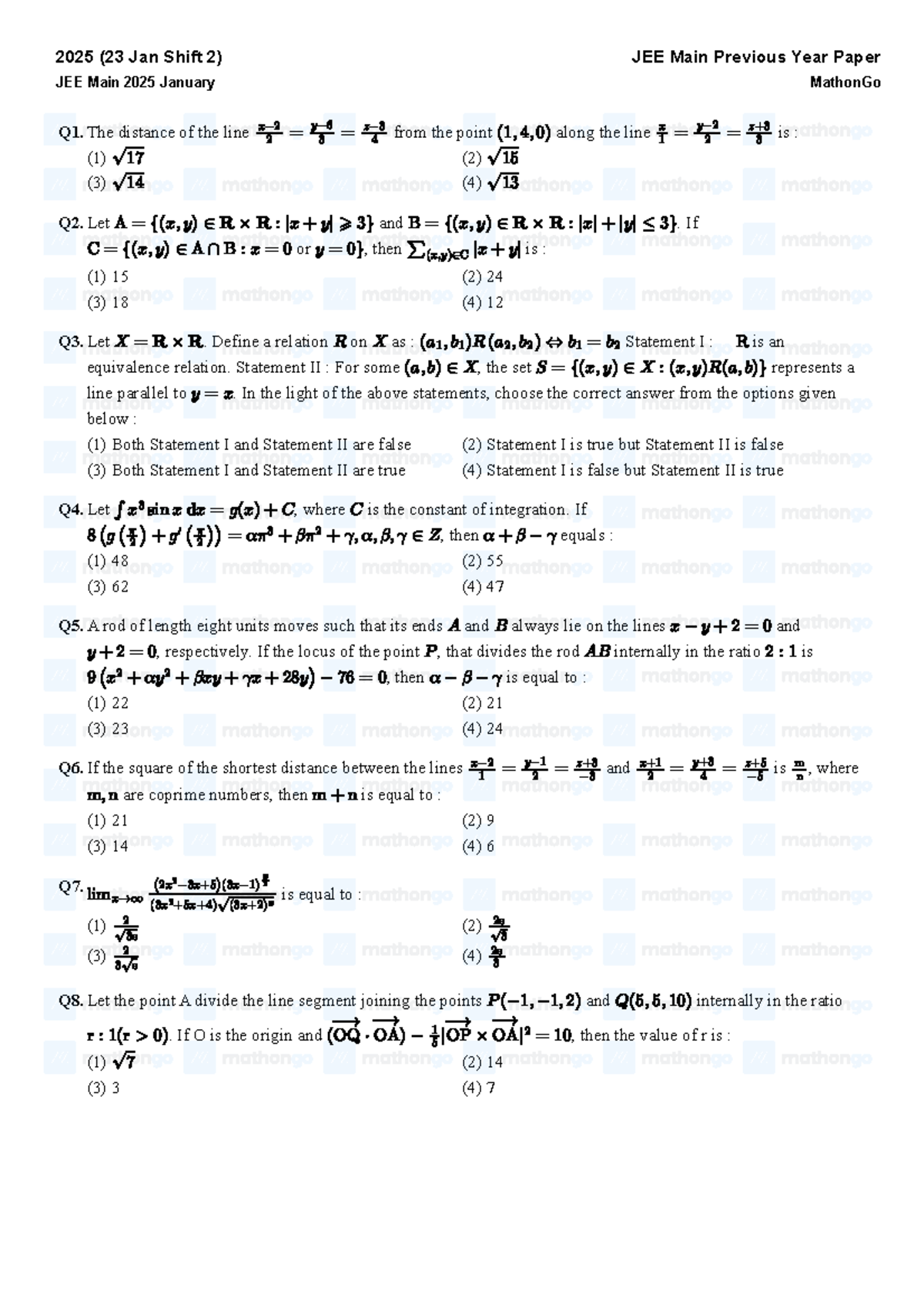 JEE Main 2025 January Shift 2 Previous Year Paper - Math Questions with ...