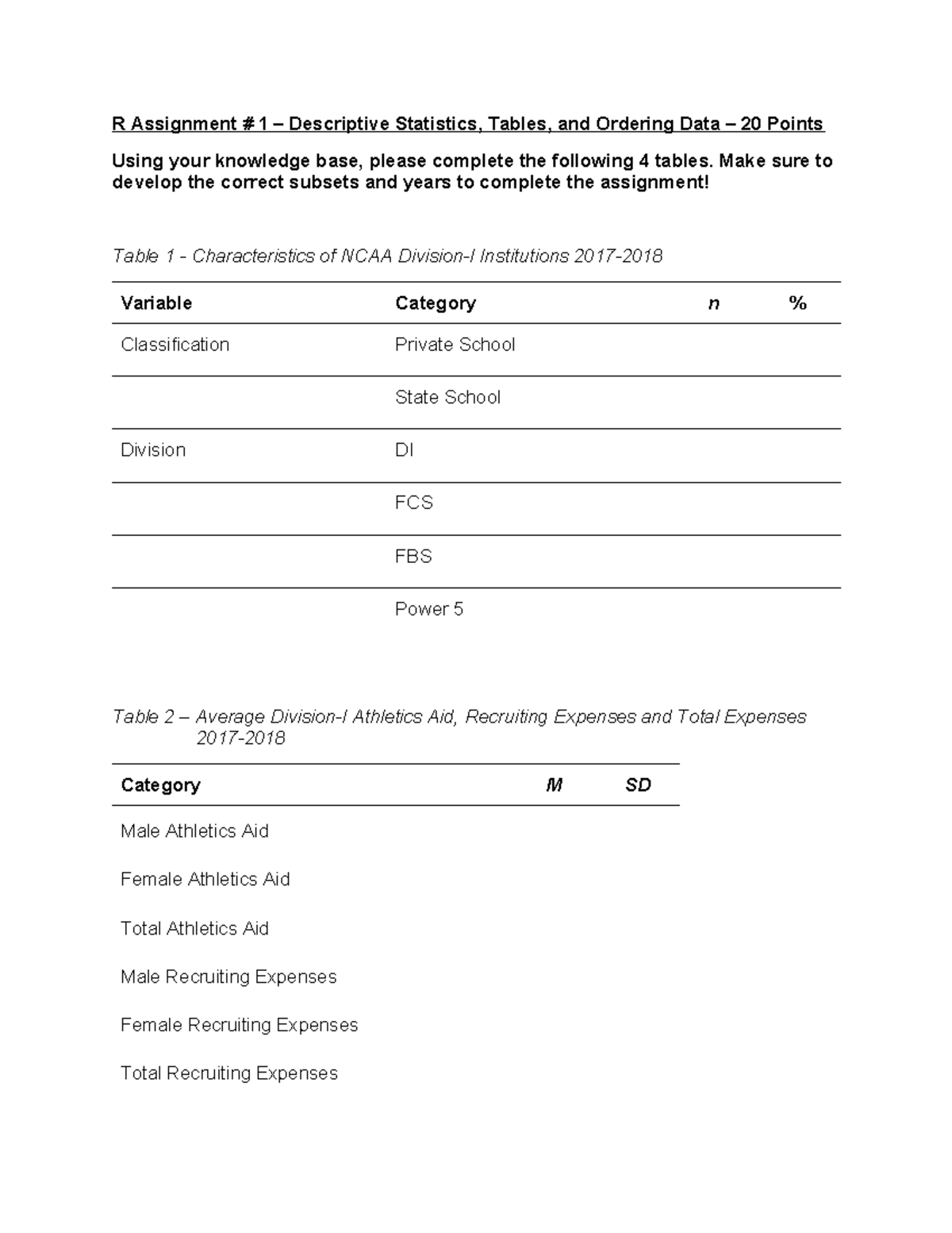 R Assignment #1: Descriptive Stats, Tables & Data Ordering - Studocu