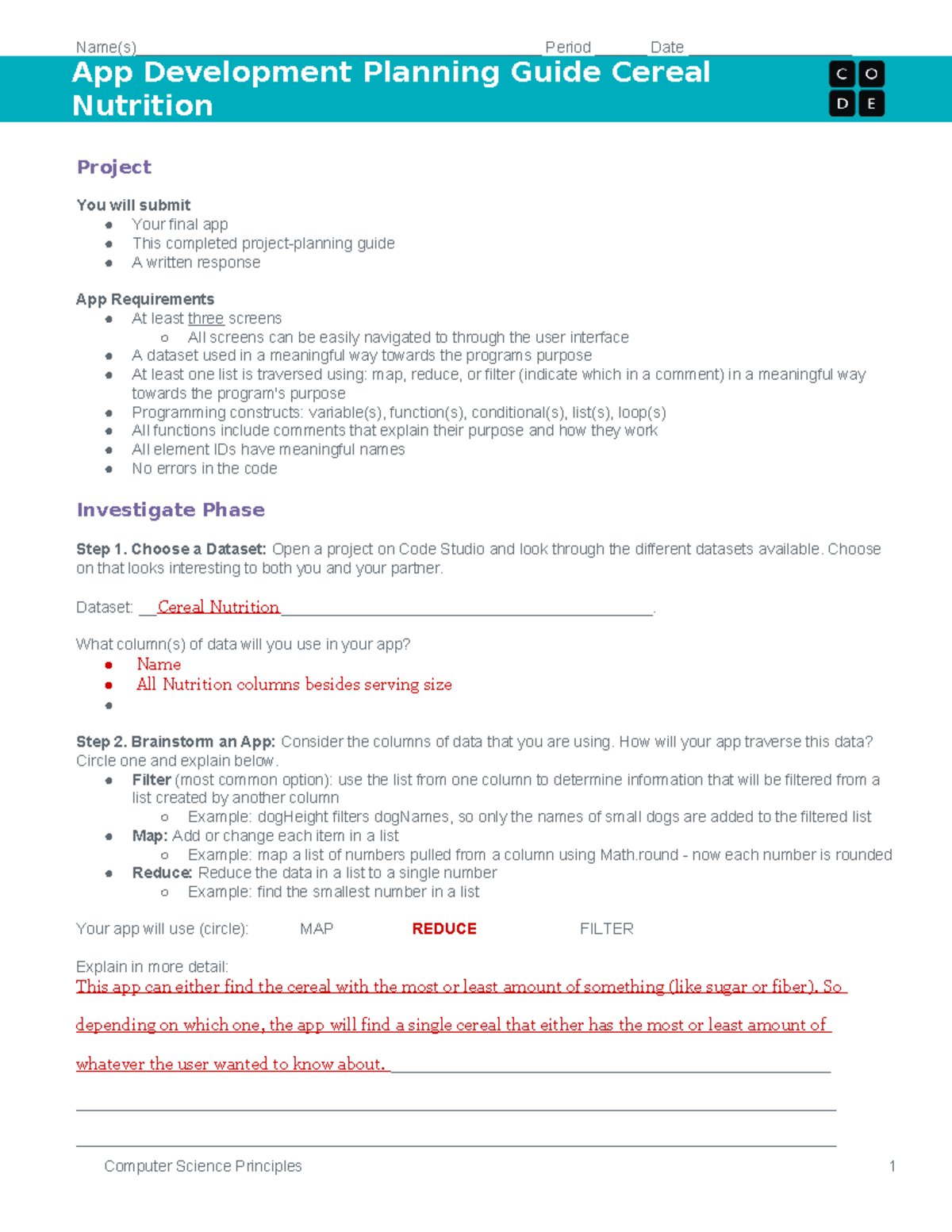 CSP App Dev Guide: Cereal Nutrition Project Planning & Requirements ...