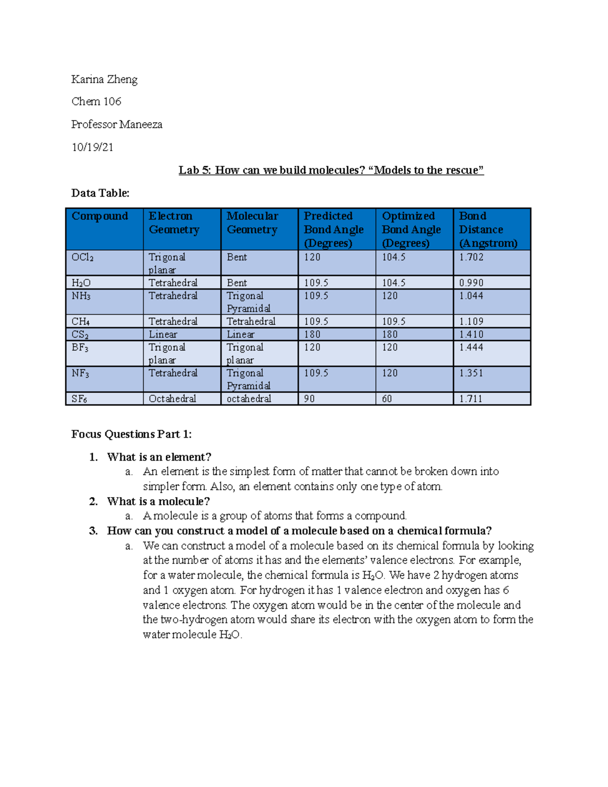 Chem 106 Lab 5 Report: Molecular Models & VSEPR Theory Analysis - Studocu