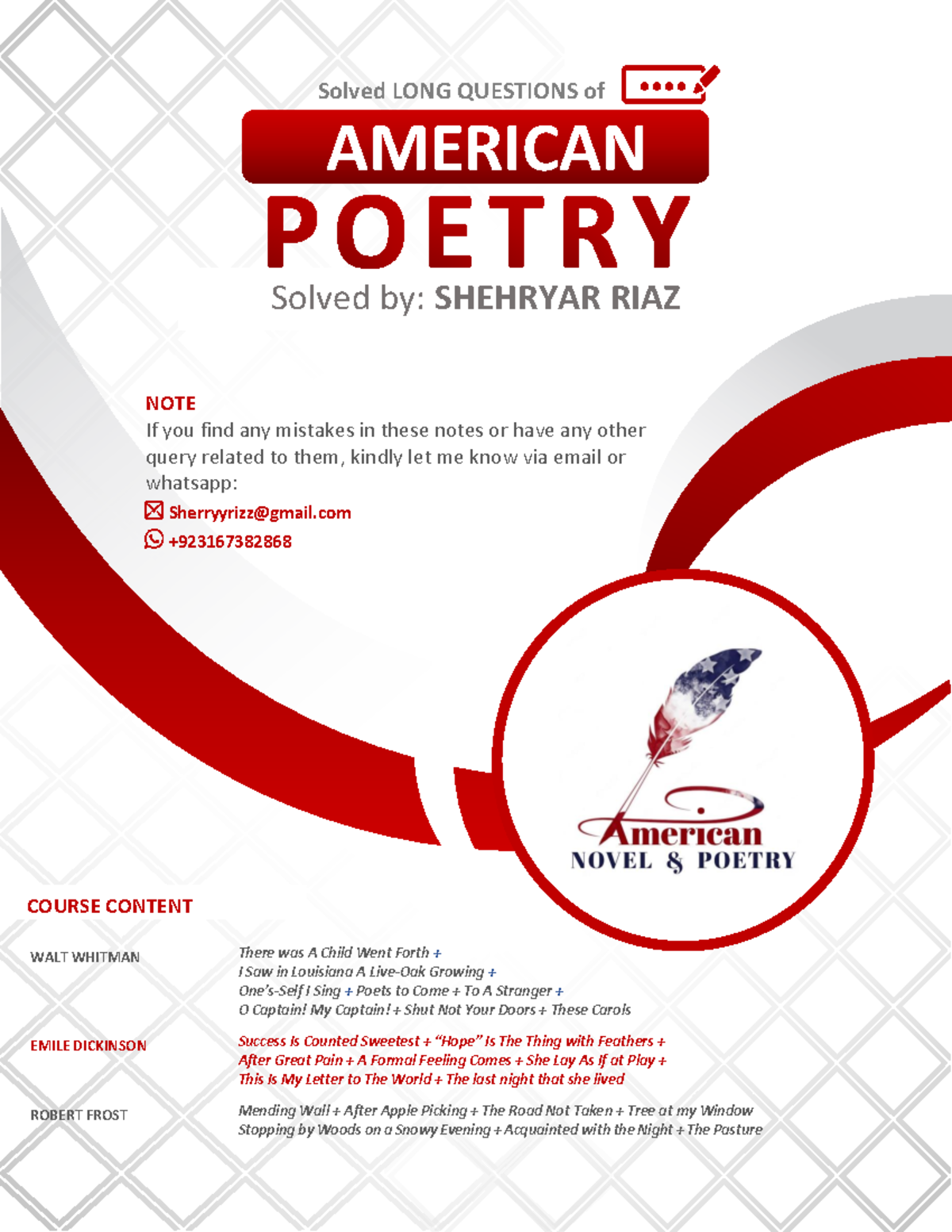 7ANP - American Poetry: Solved Long Questions by Shehryar Riaz - Studocu