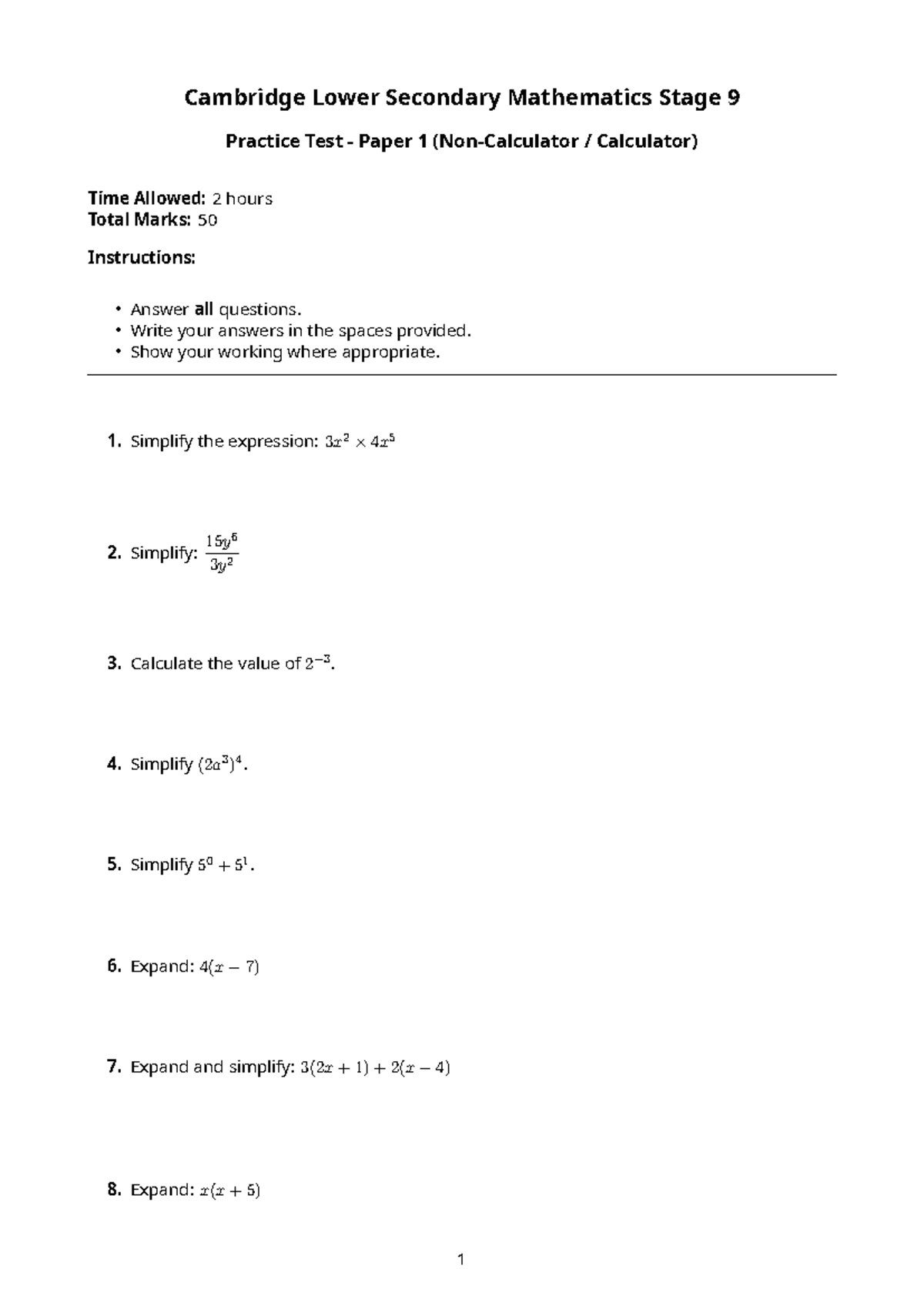 Stage 9 Math Practice Test (Cambridge Lower Secondary) - Studocu