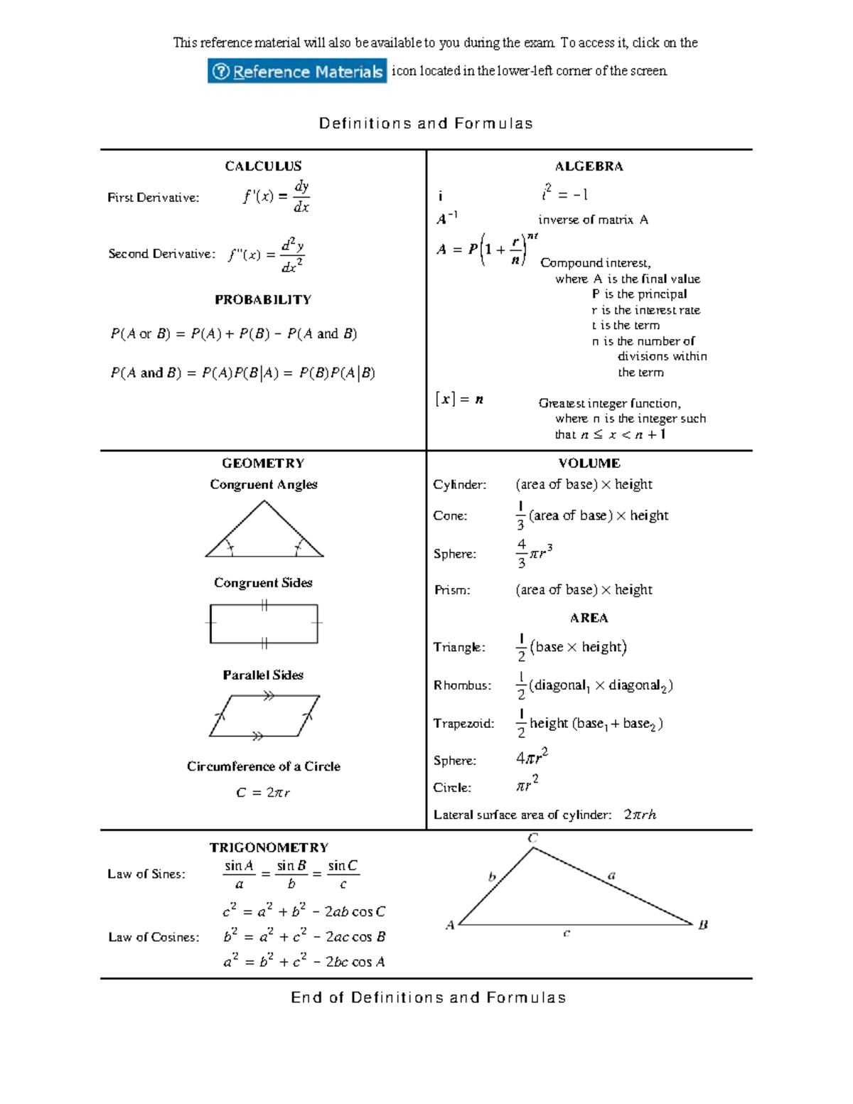 Calculus and Probability Definitions: Exam Prep Reference Material ...