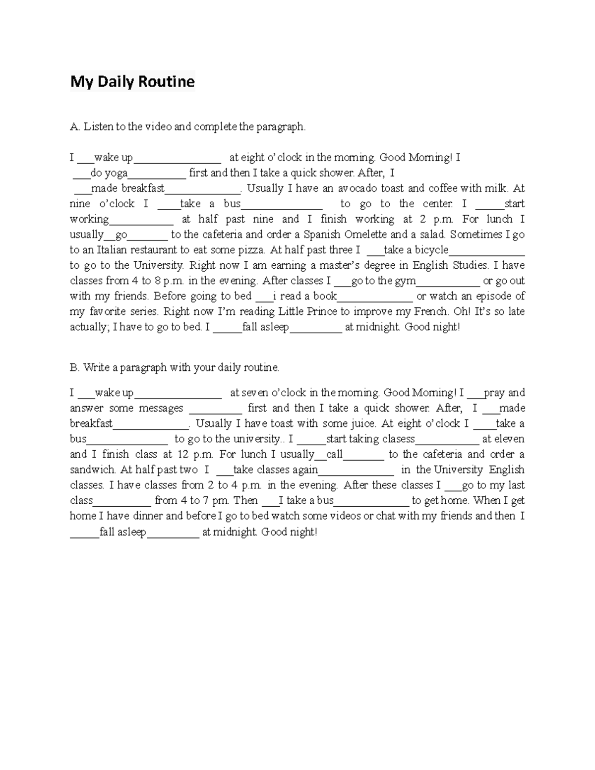 Daily Routine Reflection: English Studies & Class Schedules - Studocu