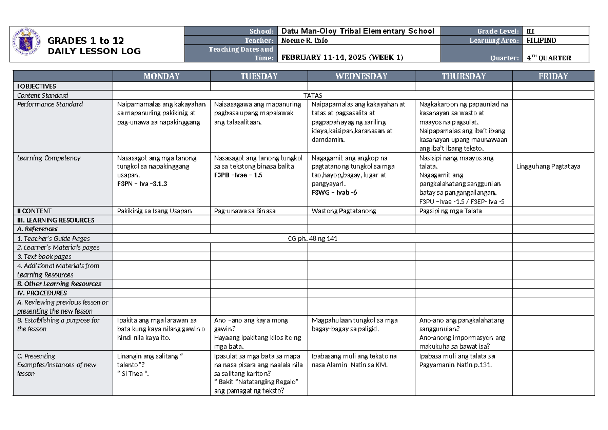 DLL Filipino 3 Q4 W1 - Weekly Lesson Log for Grade 3 - Studocu