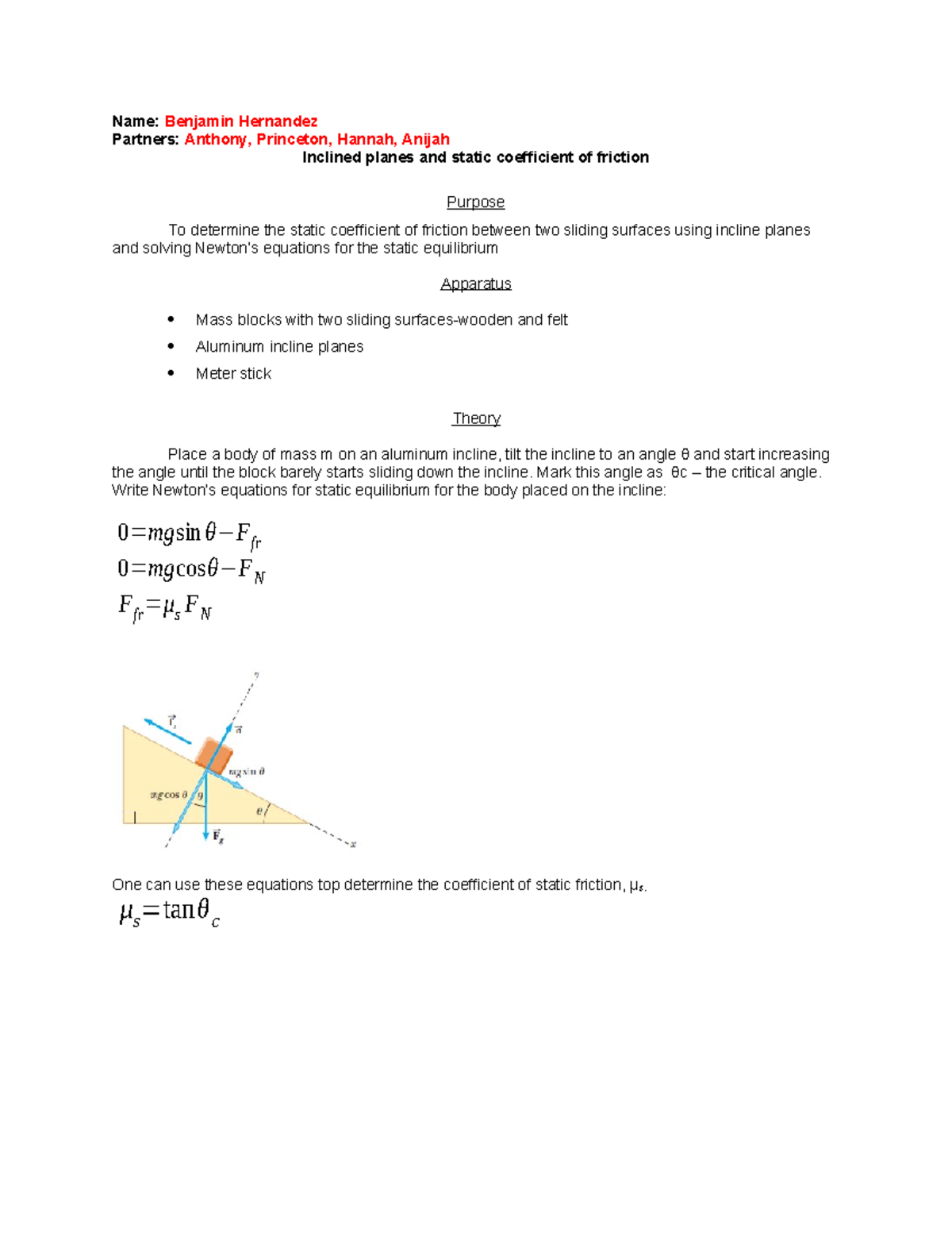 Coefficient Of Static Friction Formula Inclined Plane