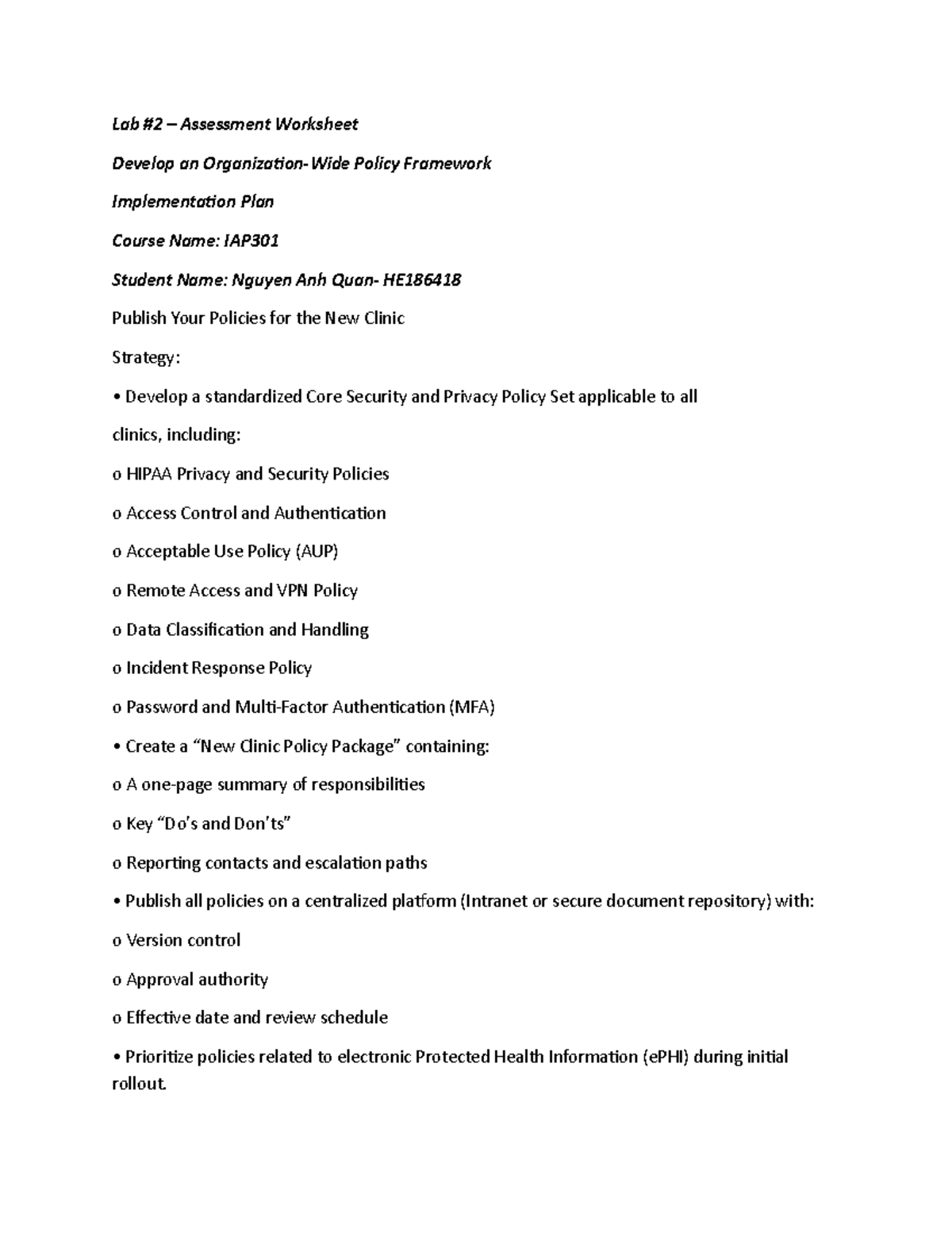 IAP301 Lab Assessment: Policy Framework Implementation Plan - Studocu