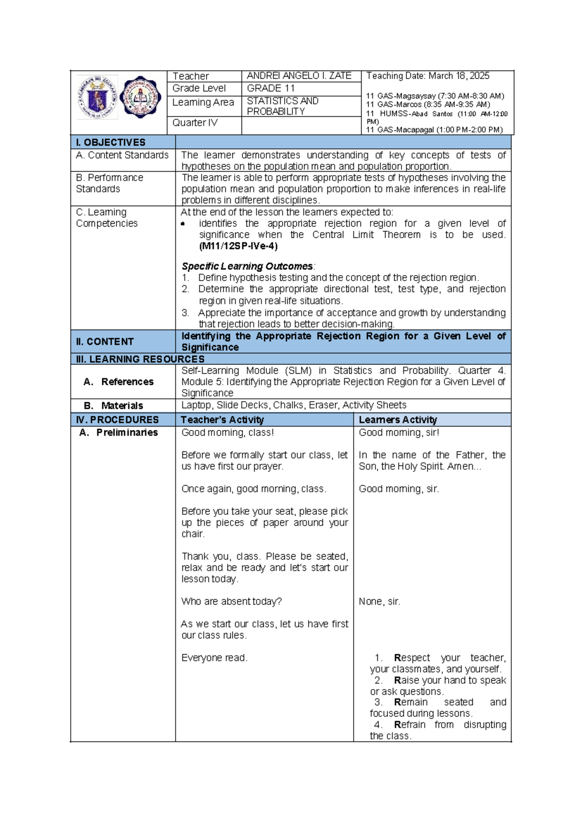 Grade 11 Statistics & Probability: Hypothesis Testing Rejection Regions ...
