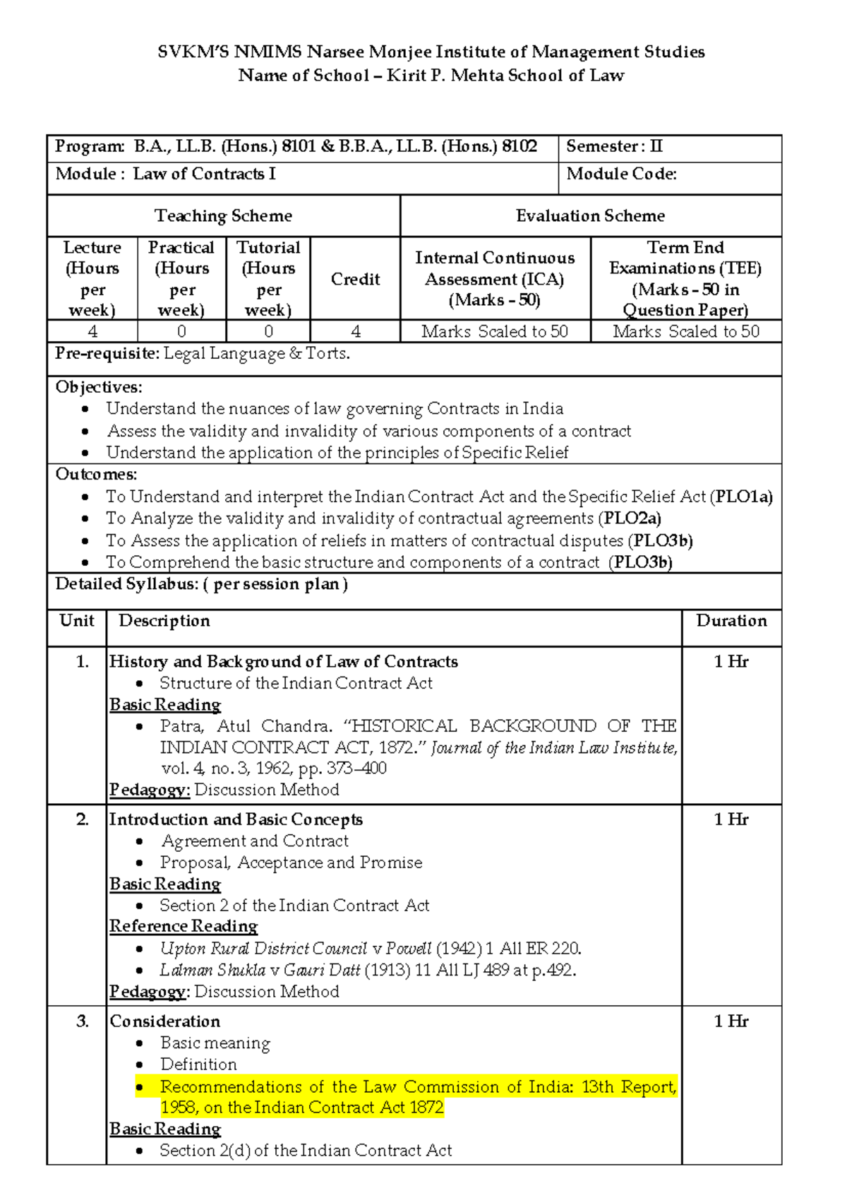 BA BBA Law of Contracts I Syllabus & Evaluation - SEM II - Studocu