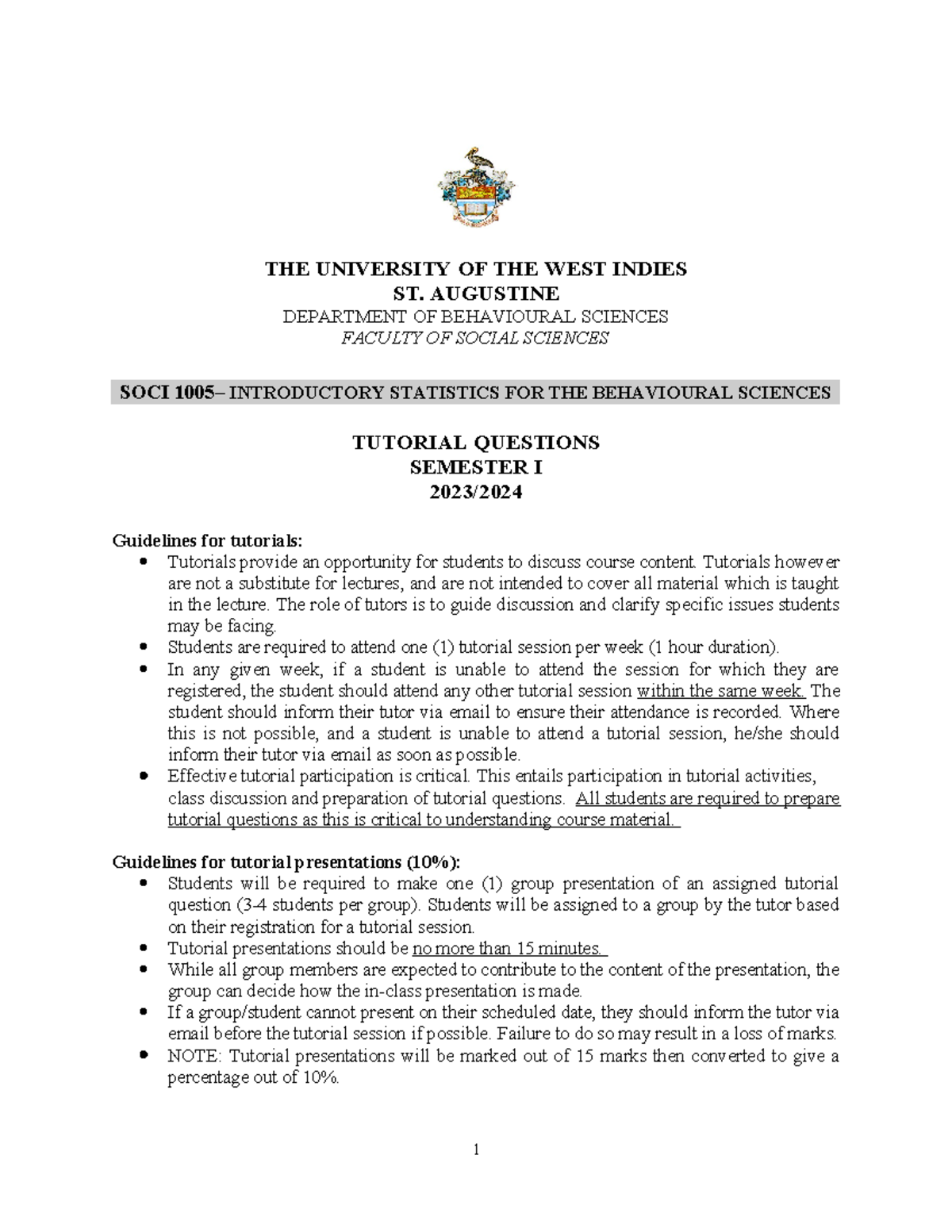 SOCI 1005 Semester 1 2023-2024 Tutorial Questions on Statistics - Studocu