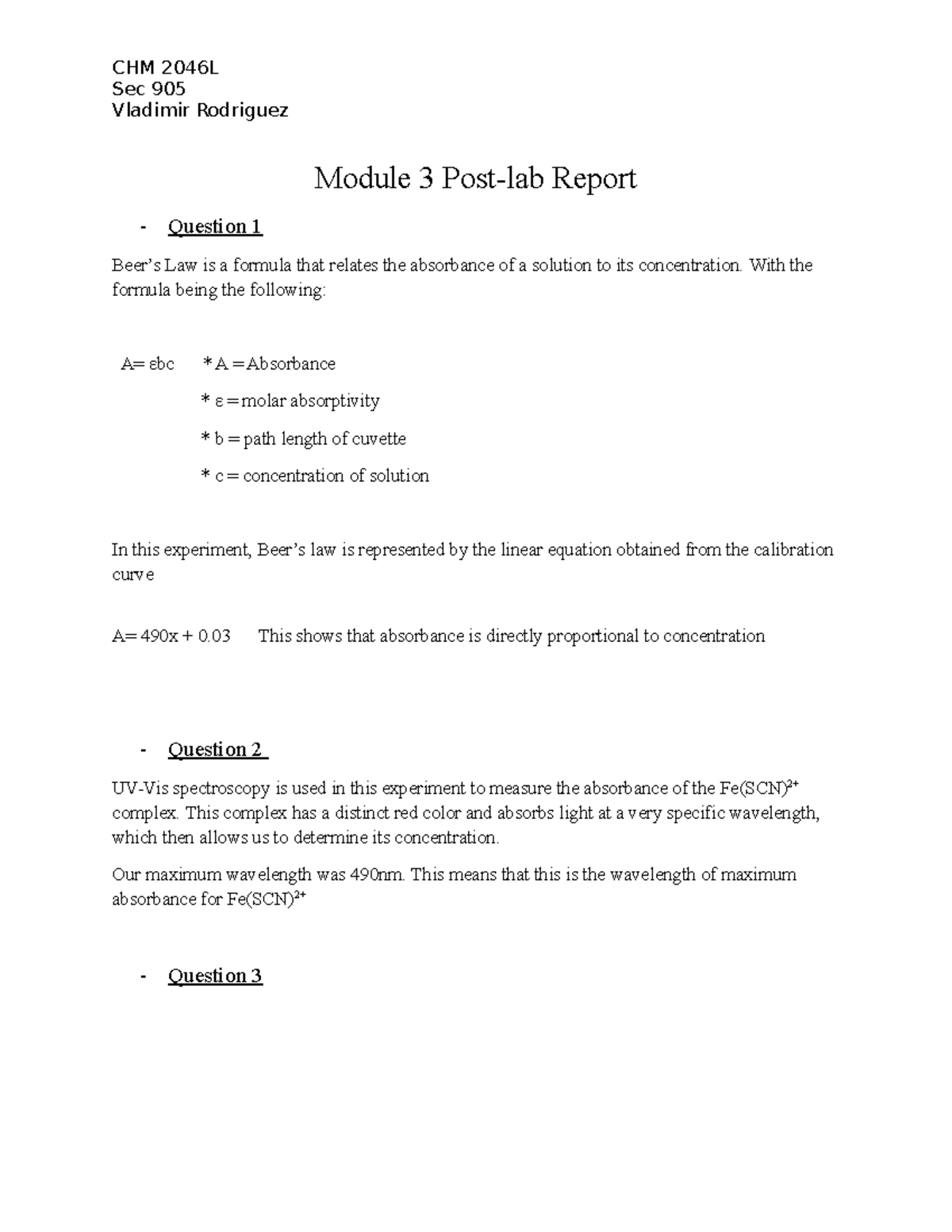 CHM 2046L Sec 905 Module 3 Post Lab Report on Absorbance and ...