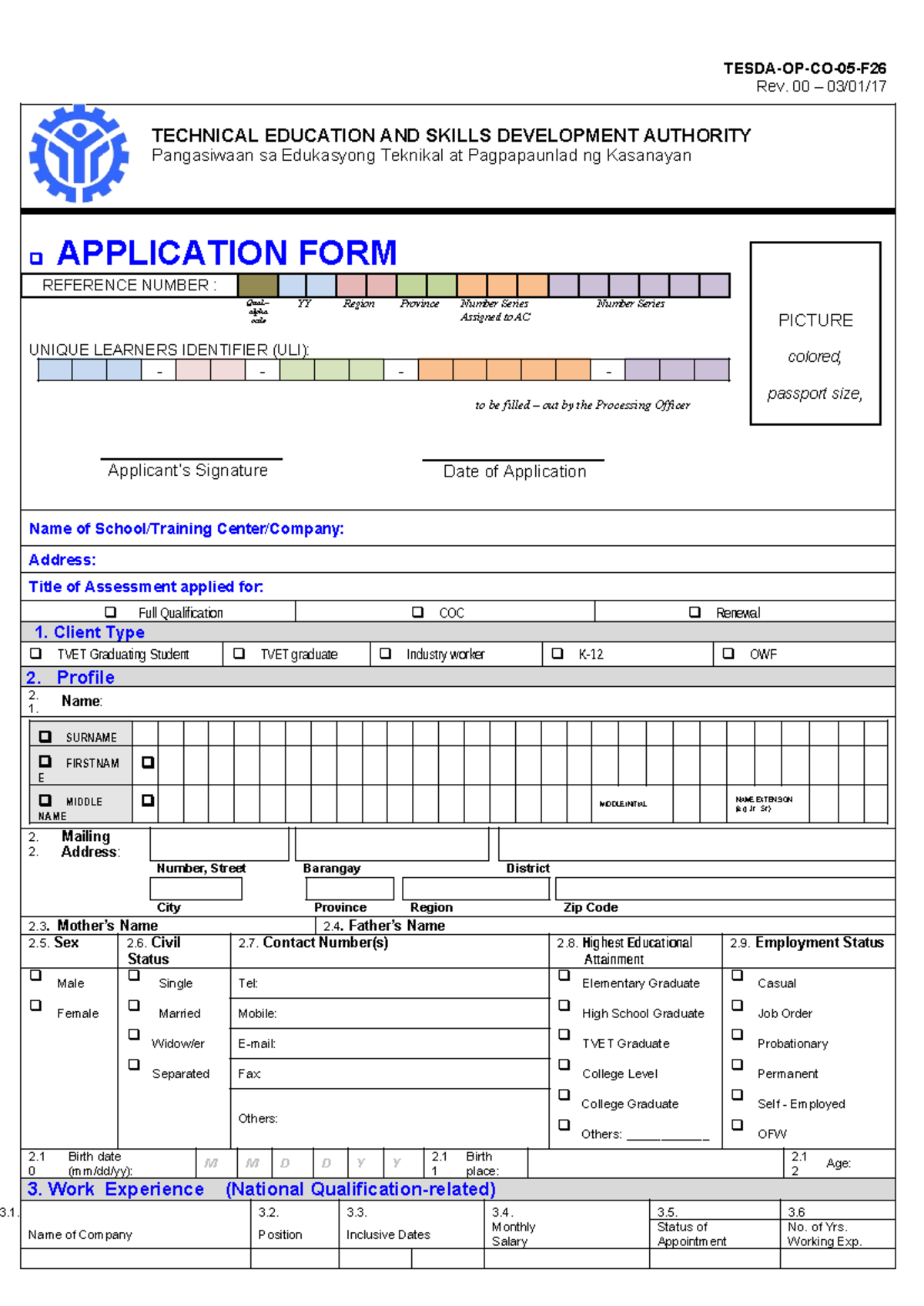 TESDA Application Form 2023 - Unique Learners Identifier (ULI) - Studocu