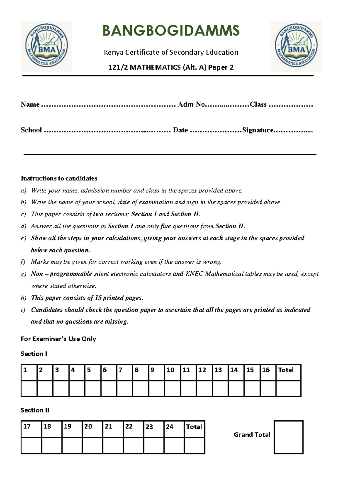 Mocks Mathematics PP2 - Kenya Certificate of Secondary Education - Studocu
