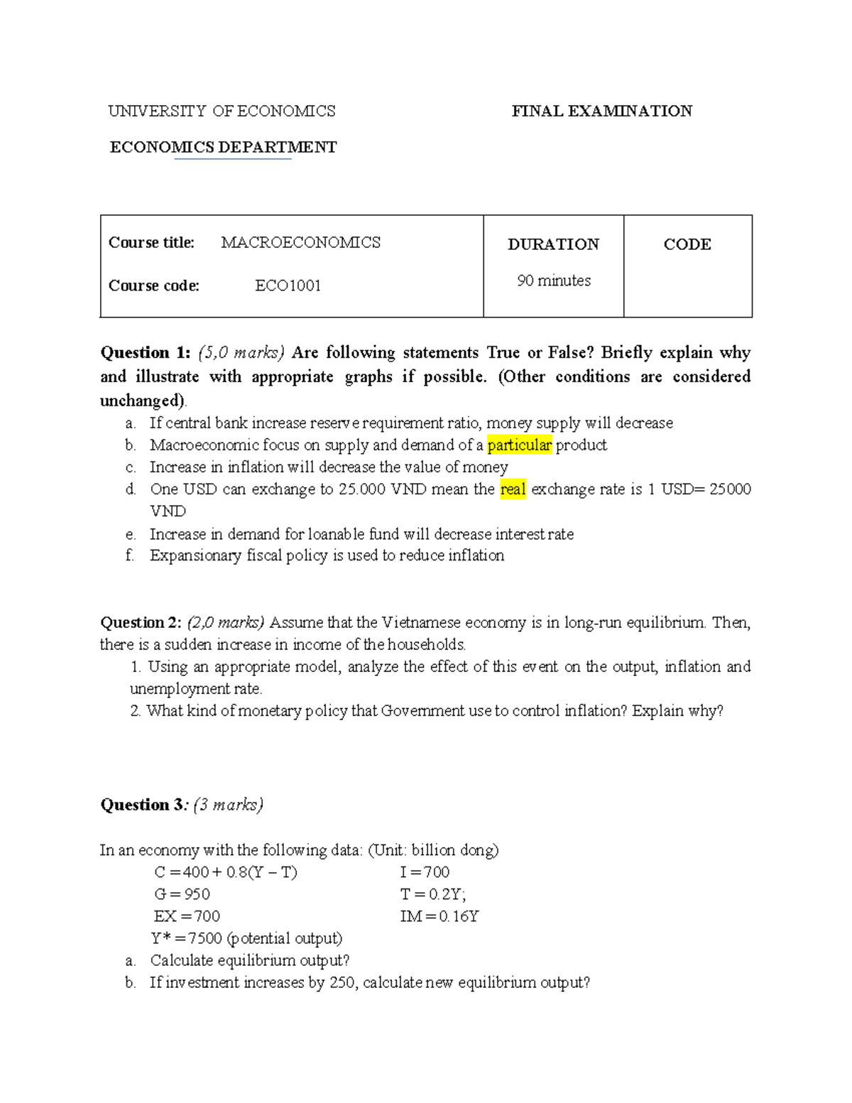 ECO1001 Final Exam Review - Macroeconomics Department - Studocu