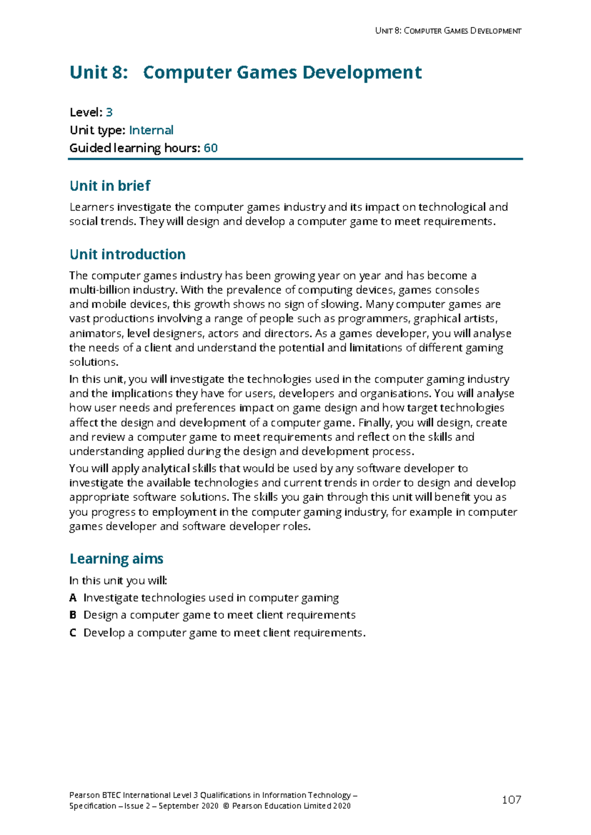 BTEC IT Level 3 – Unit 8: Computer Games Development Specification ...