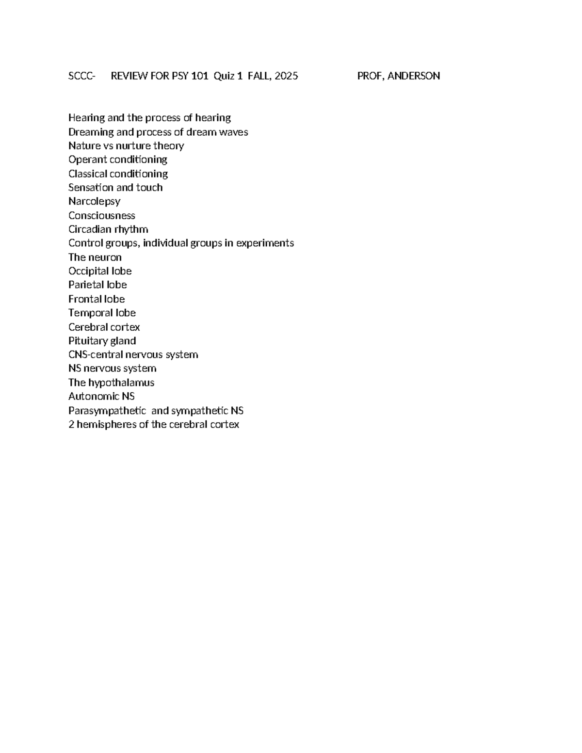 SCCC-PSY 101 Quiz 1 Review Notes for Fall 2025 - SCCC- REVIEW FOR PSY ...