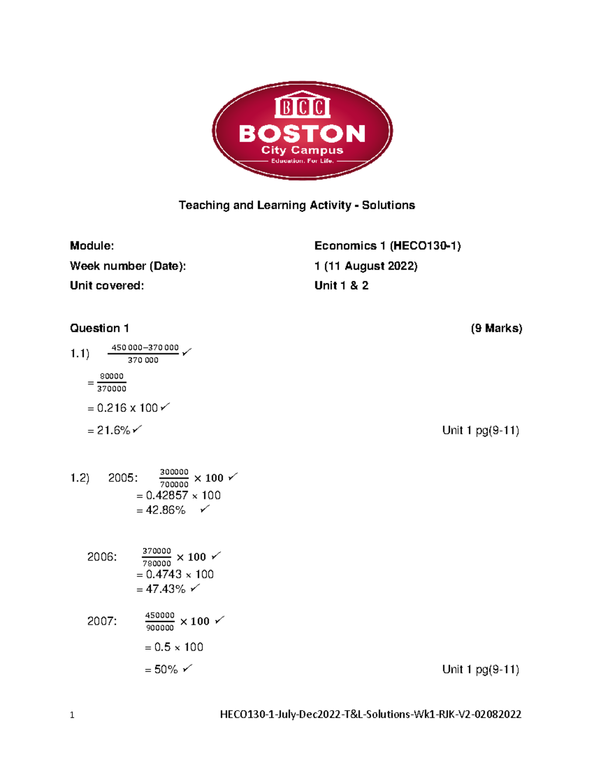 HECO130 Economics 1 Teaching & Learning Activity Solutions Week 1 - Studocu