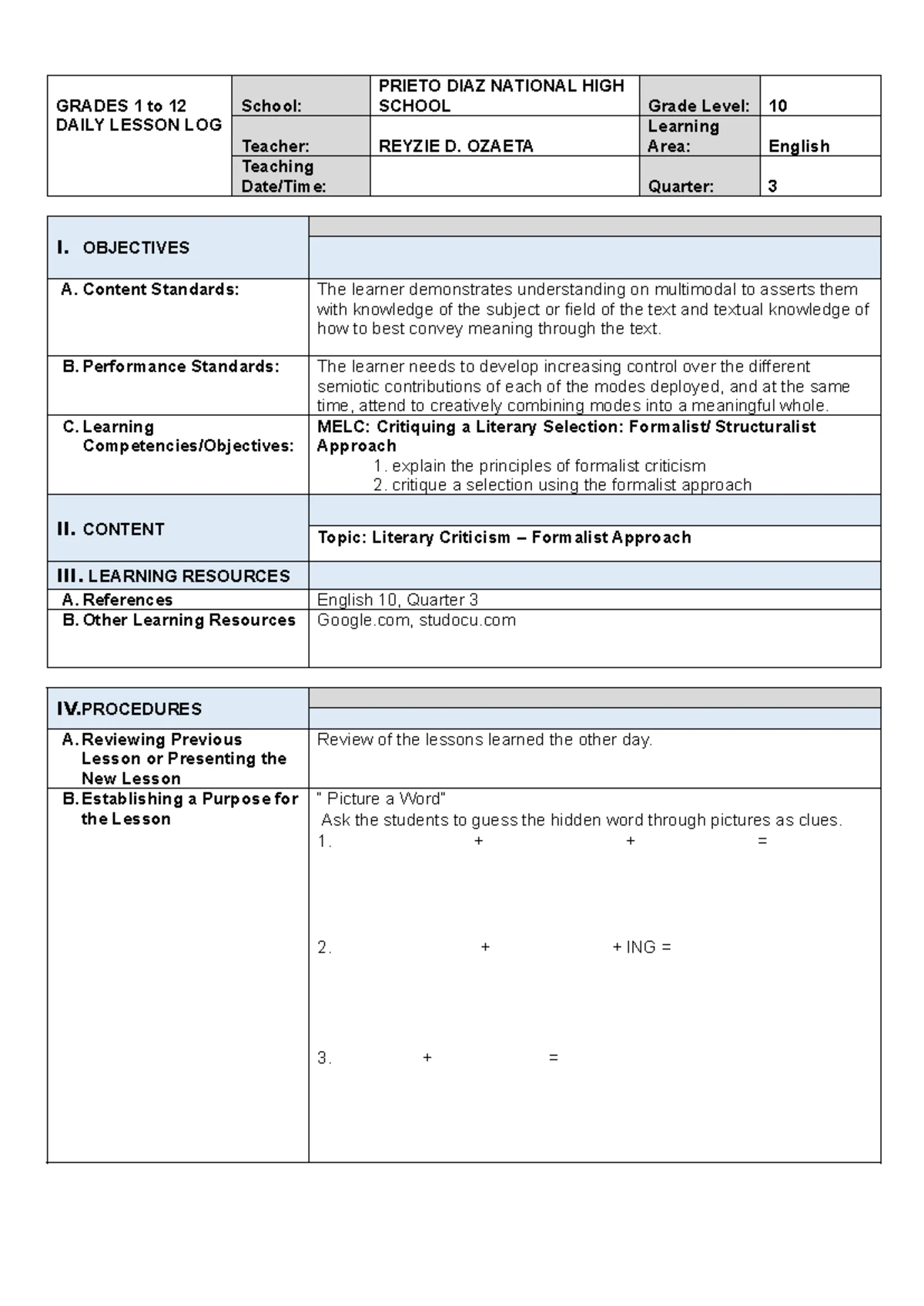 Week 8 - lesson plan - MONDAY TUESDAY WEDNESDAY THURSDAY FRIDAY DATE I ...