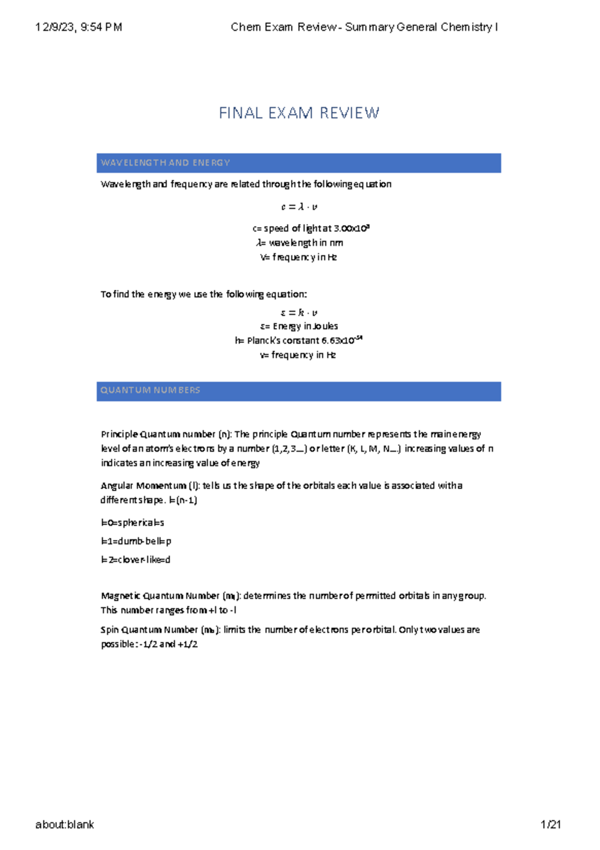 Chem 101 Final Exam Review - Summary of General Chemistry I - Studocu