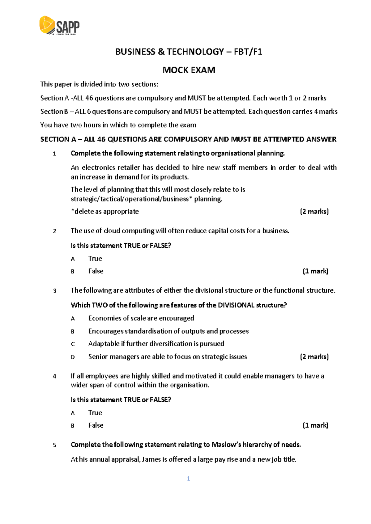 BT - Business & Technology Mock Exam Practice Questions - Studocu