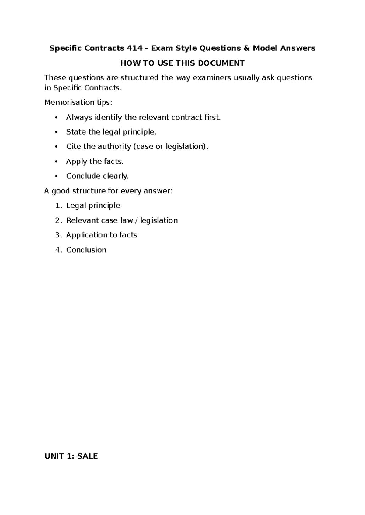 SC 414 Specific Contracts Exam Style Questions & Model Answers - Studocu