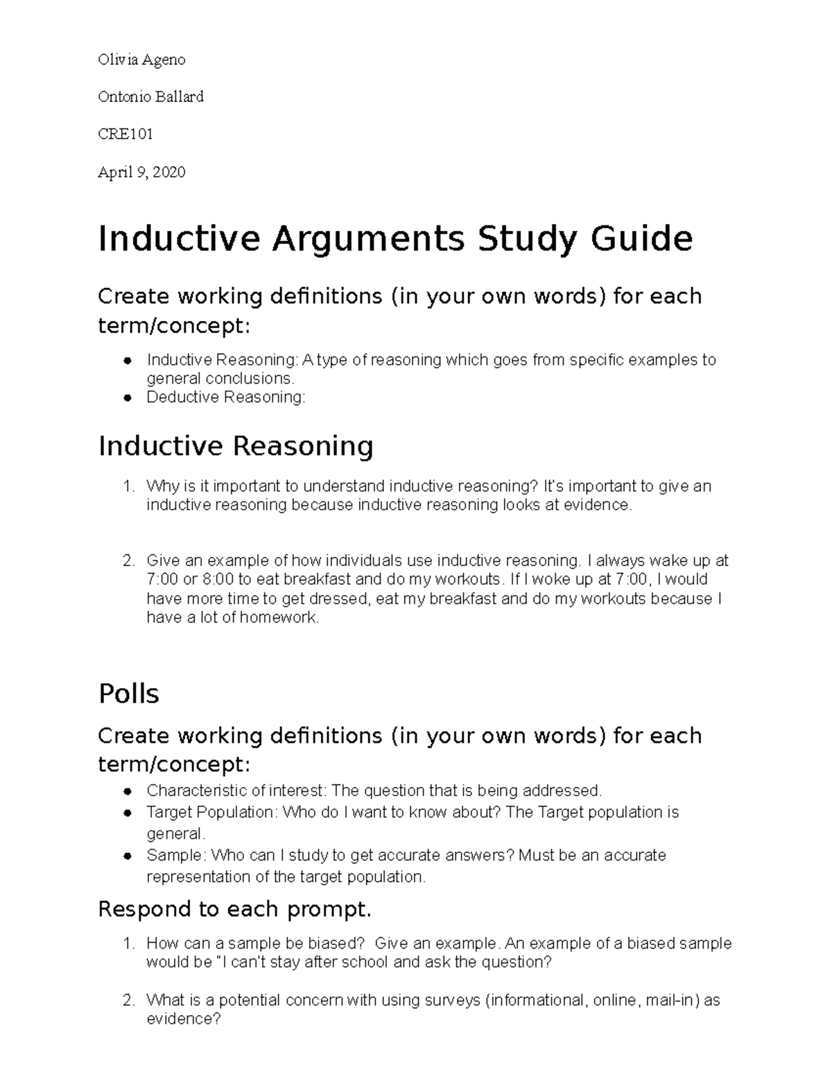 Inductive Arguments Study Guide - Ontonio Ballard CRE April 9, 2020 ...