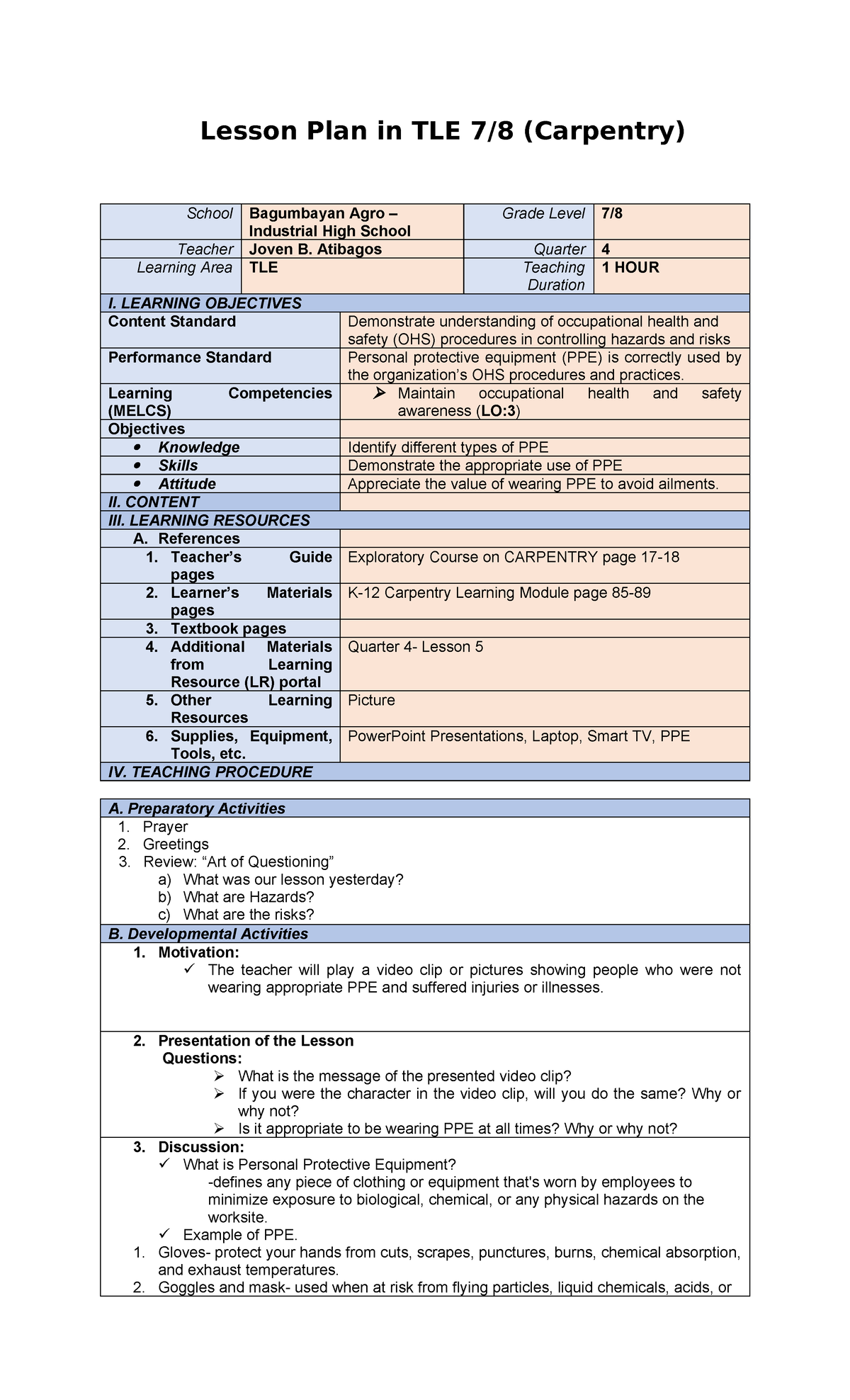 Demonstration lesson plan - Lesson Plan in TLE 7/8 (Carpentry) School ...