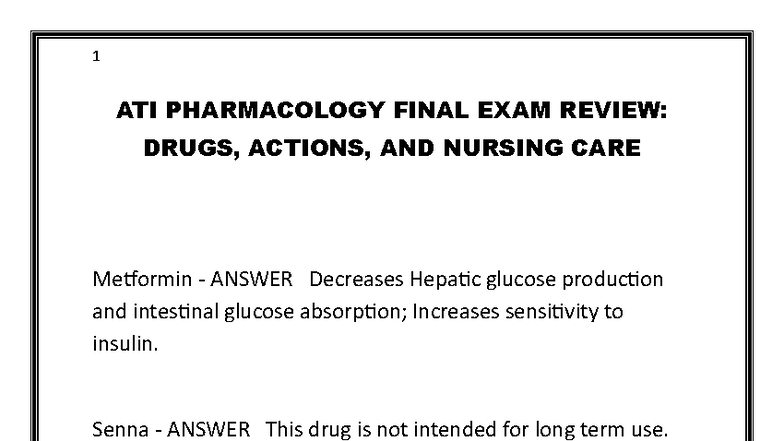 ATI PHARMACOLOGY FINAL EXAM REVIEW: DRUGS & NURSING CARE - Studocu