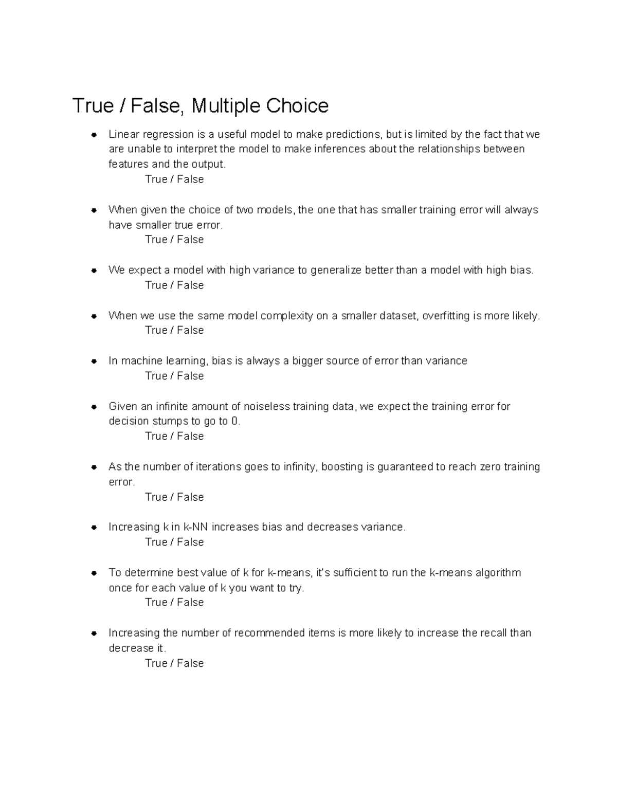 CSE416 Final Exam Practice: True/False & Multiple Choice Questions ...