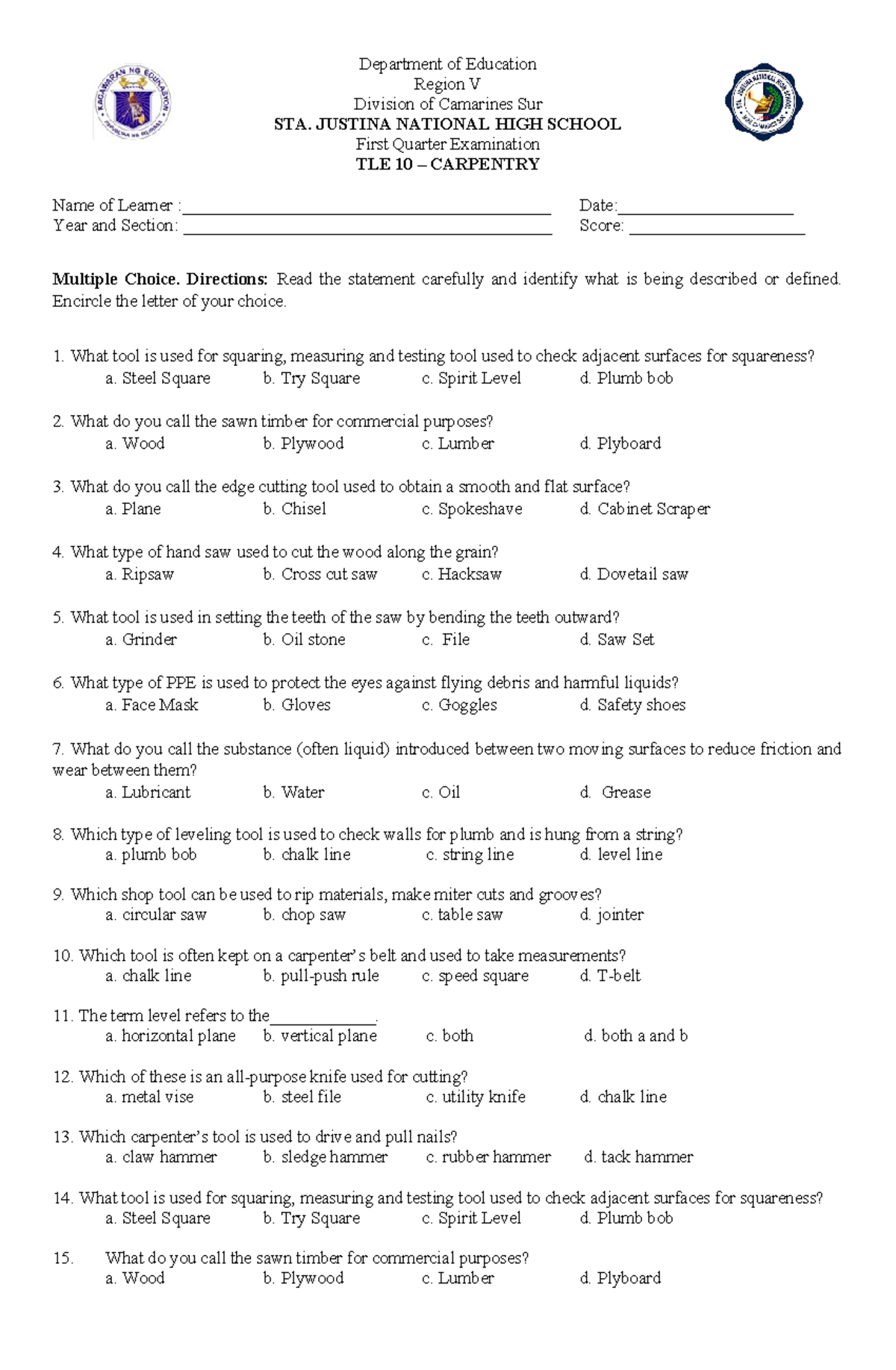 TLE 10 Carpentry First Quarter Exam Questions and Answers - Studocu