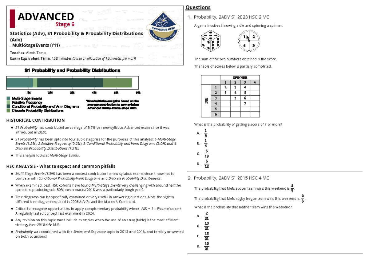 Probability Analysis and Exam Tips for 2ADV S1 2023 HSC - Studocu