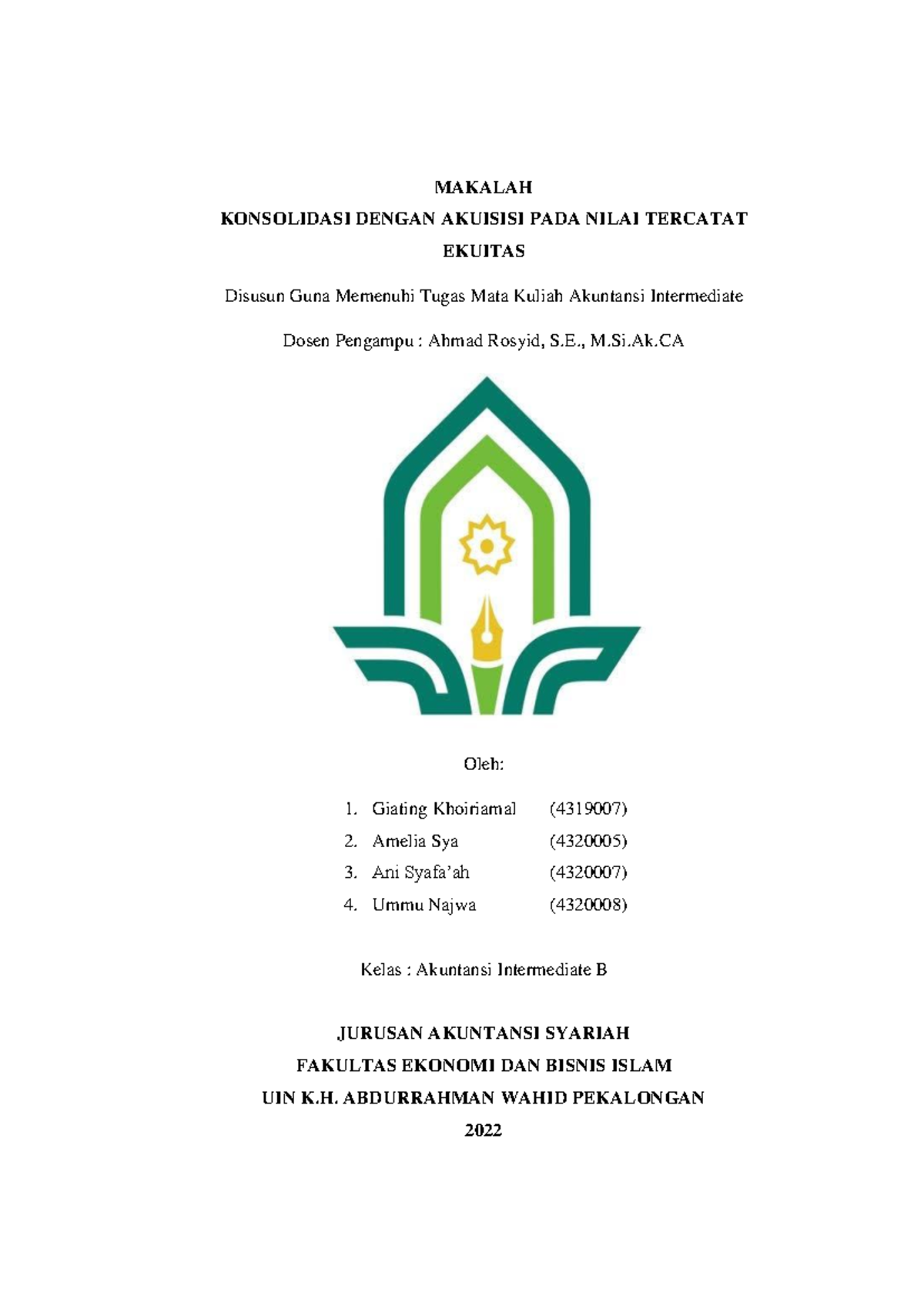 Konsolidasi dengan Akuisisi: Nilai Tercatat Ekuitas - Akuntansi Int. B - Document Preview